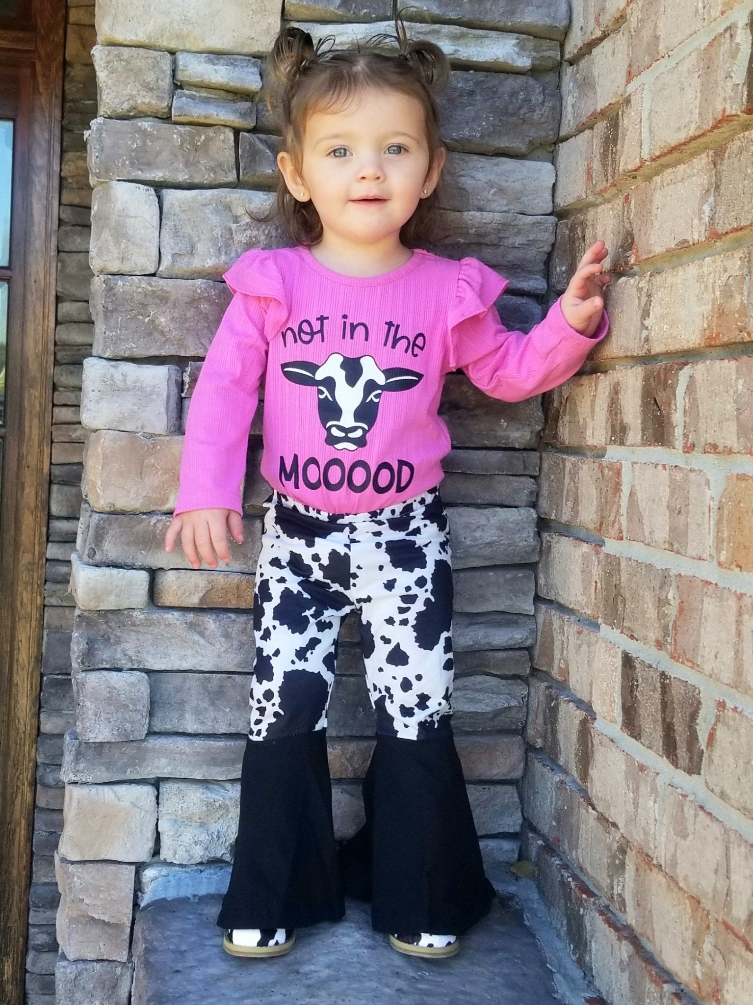 Fuchsia "Not In The MOOOOD" Ruffle Romper & Cow Print Bell Bottoms Outfit - Marie Nicole Clothing