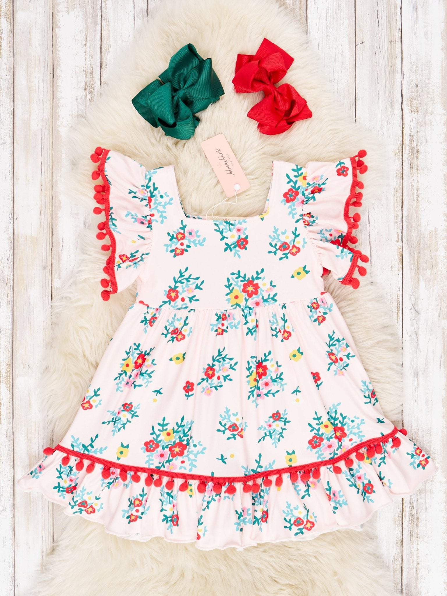 Peach Floral Pom Pom Ruffle Dress - Marie Nicole Clothing