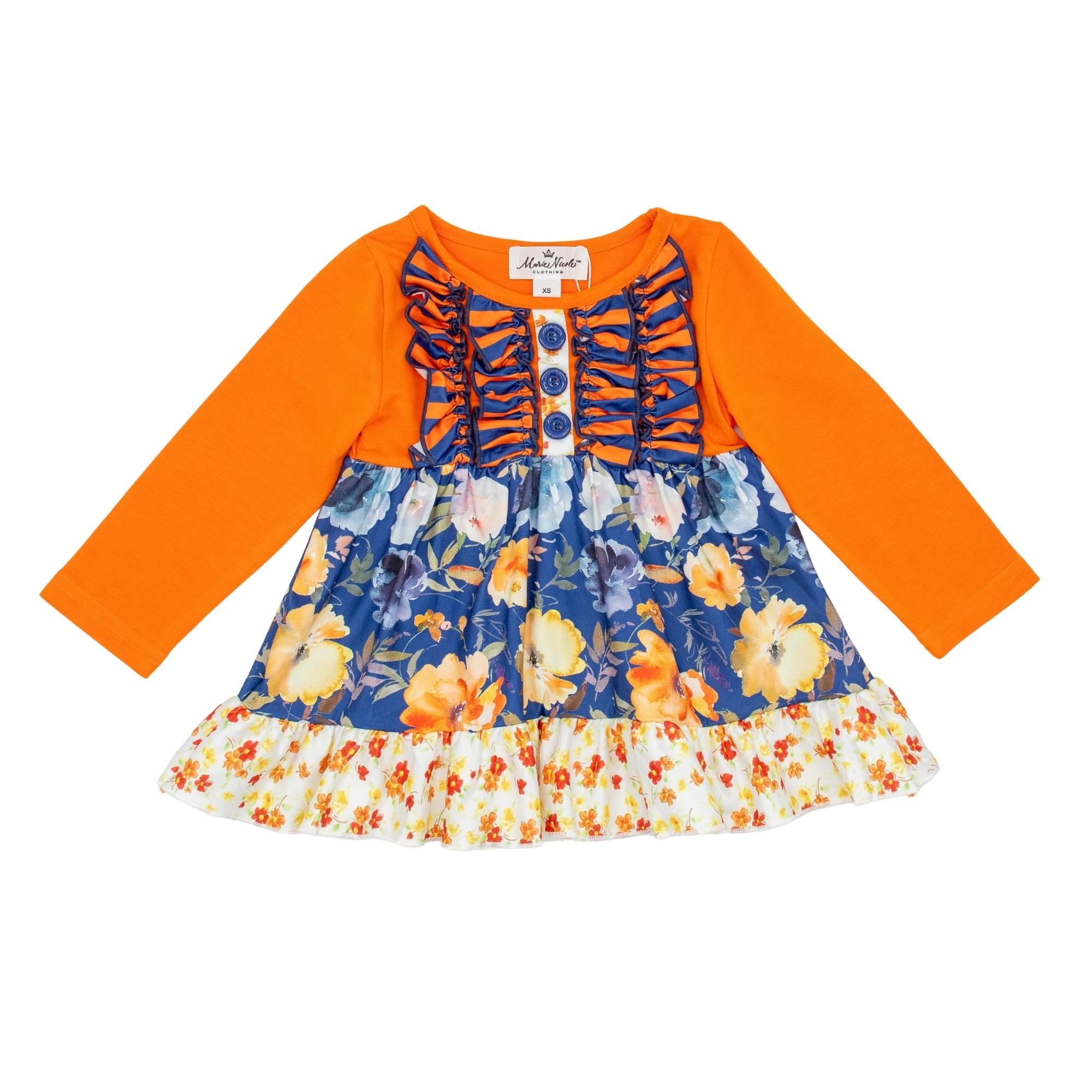 Navy Floral Ruffle Tunic & Orange Striped Bottoms Outfit - Marie Nicole Clothing