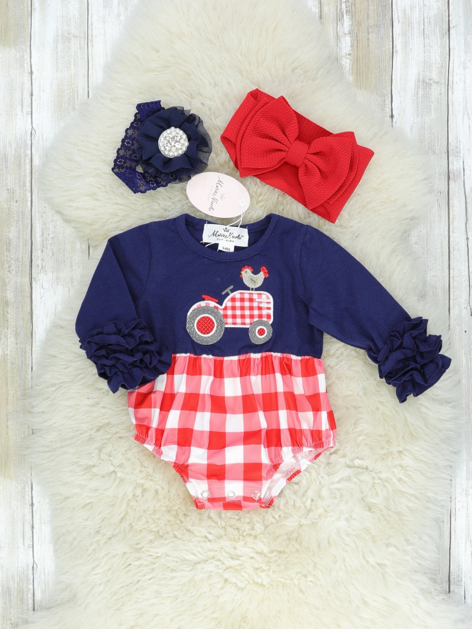 Chicken On A Tractor Navy Icing Check Bubble Romper - Marie Nicole Clothing