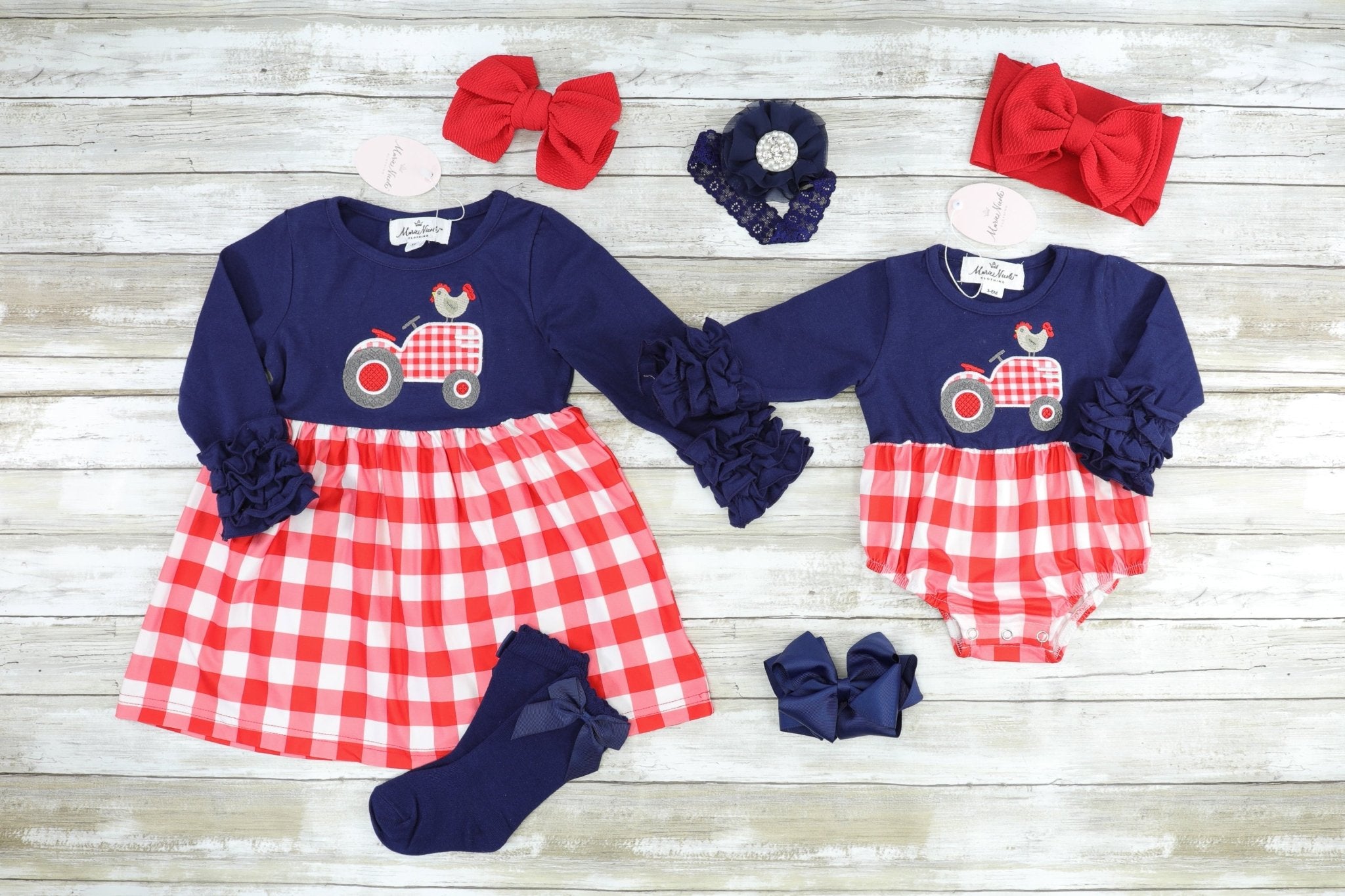 Chicken On A Tractor Navy Icing Check Dress With Socks - Marie Nicole Clothing