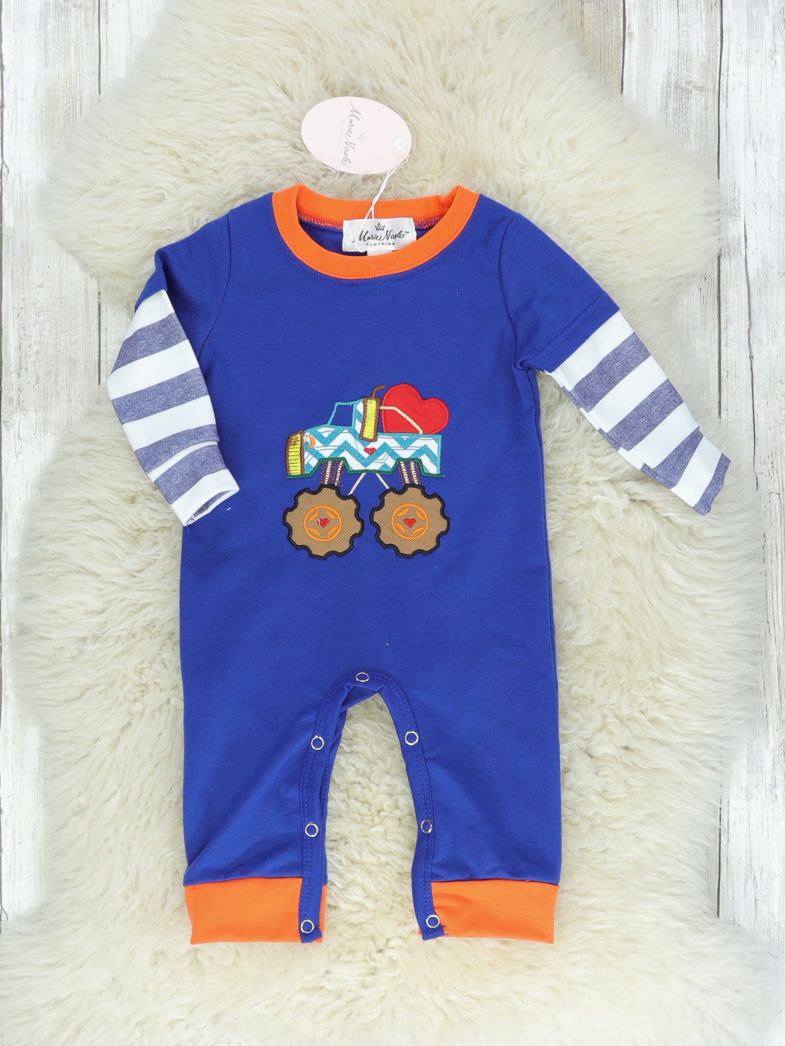 Navy Monster Truck Hearts Romper - Marie Nicole Clothing