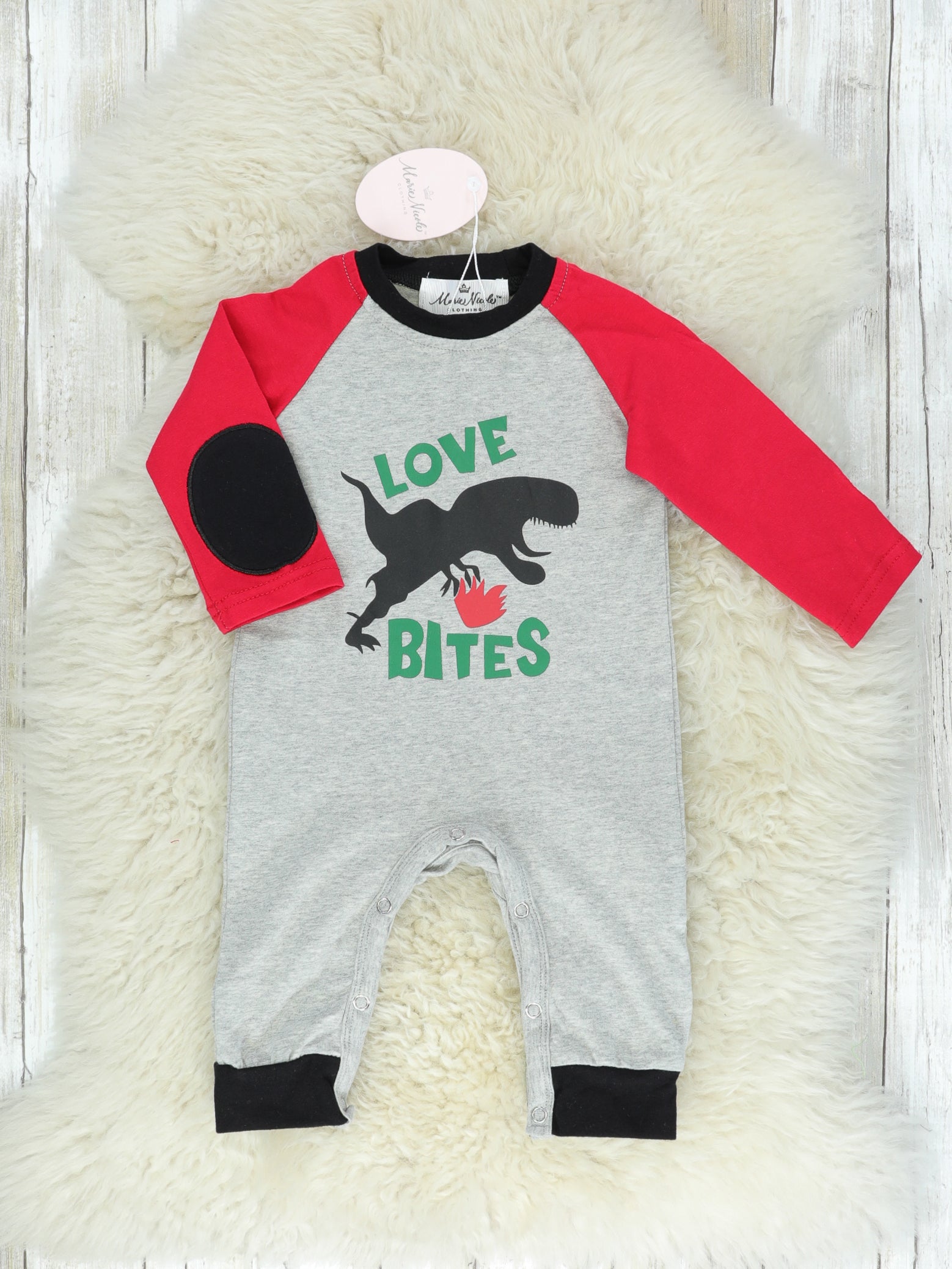 Love Bites Dinosaur Gray Romper - Marie Nicole Clothing