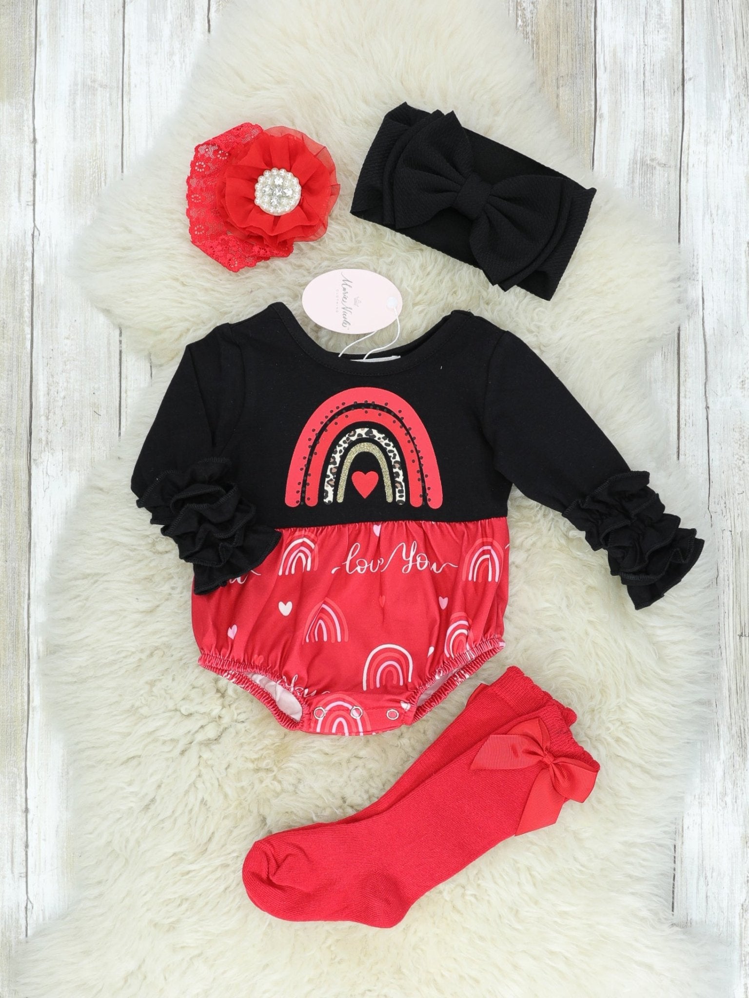 Red Rainbow Icing Romper With Socks - Marie Nicole Clothing