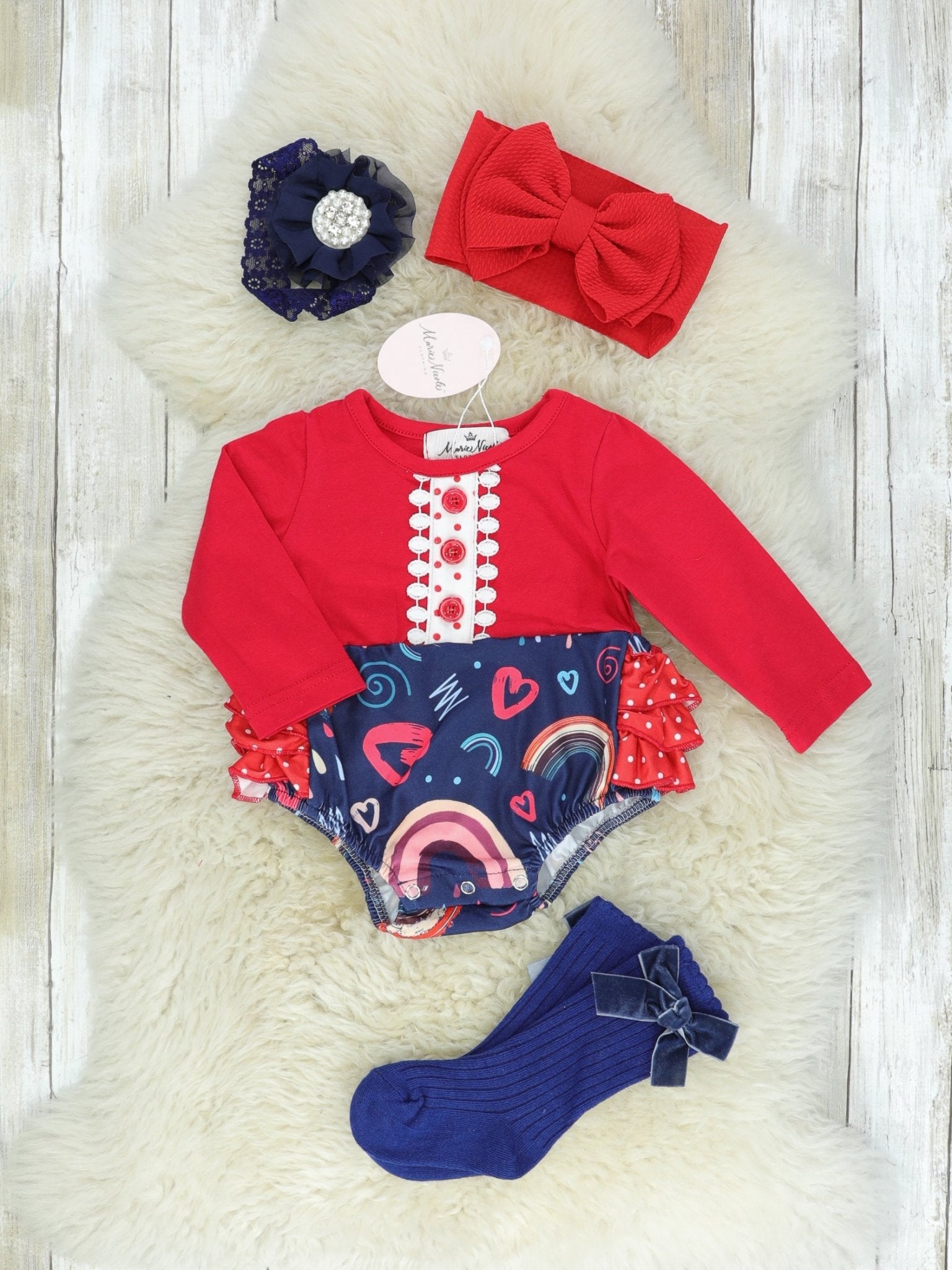 Red Rainbow Ruffle Bubble Romper - Marie Nicole Clothing