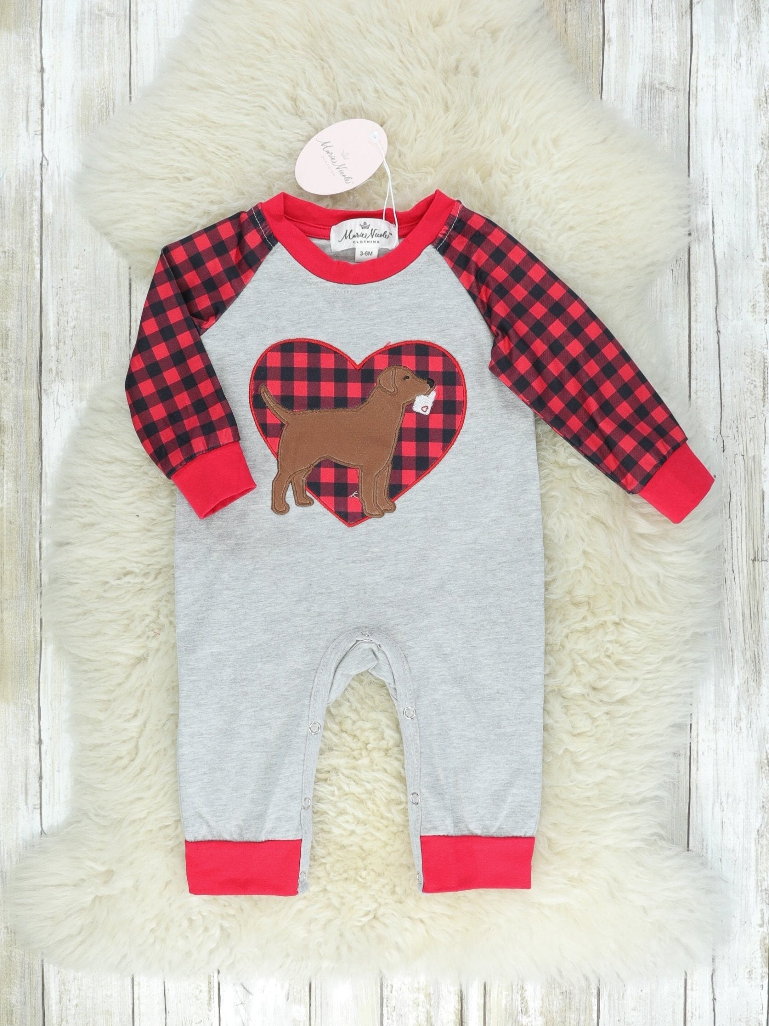 Buffalo Plaid Heart With a Dog Gray Romper - Marie Nicole Clothing