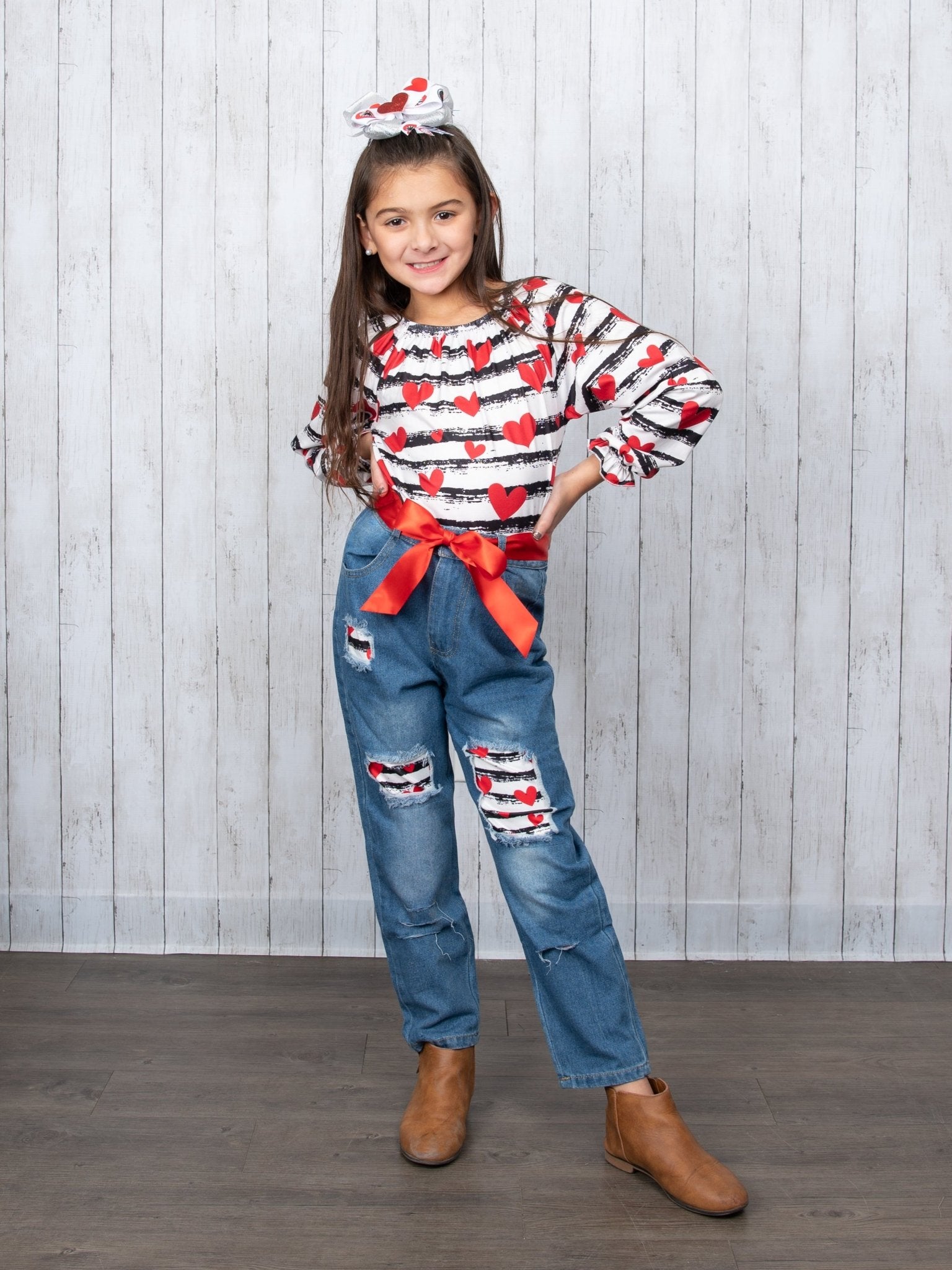 Striped Heart Top & Distressed Denim Outfit - Marie Nicole Clothing