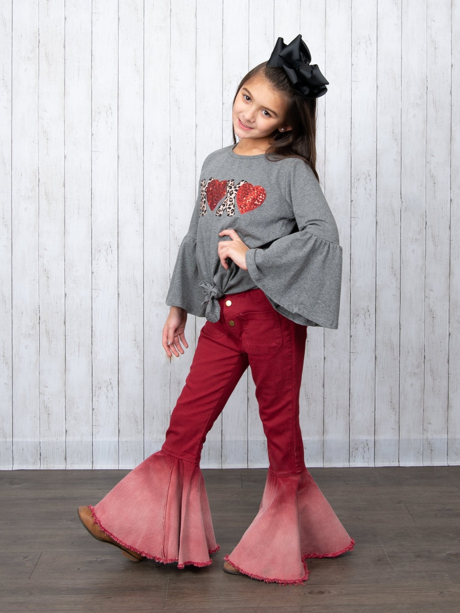 Leopard "XOXO" Tie Top & Denim Bell Bottoms Outfit - Marie Nicole Clothing