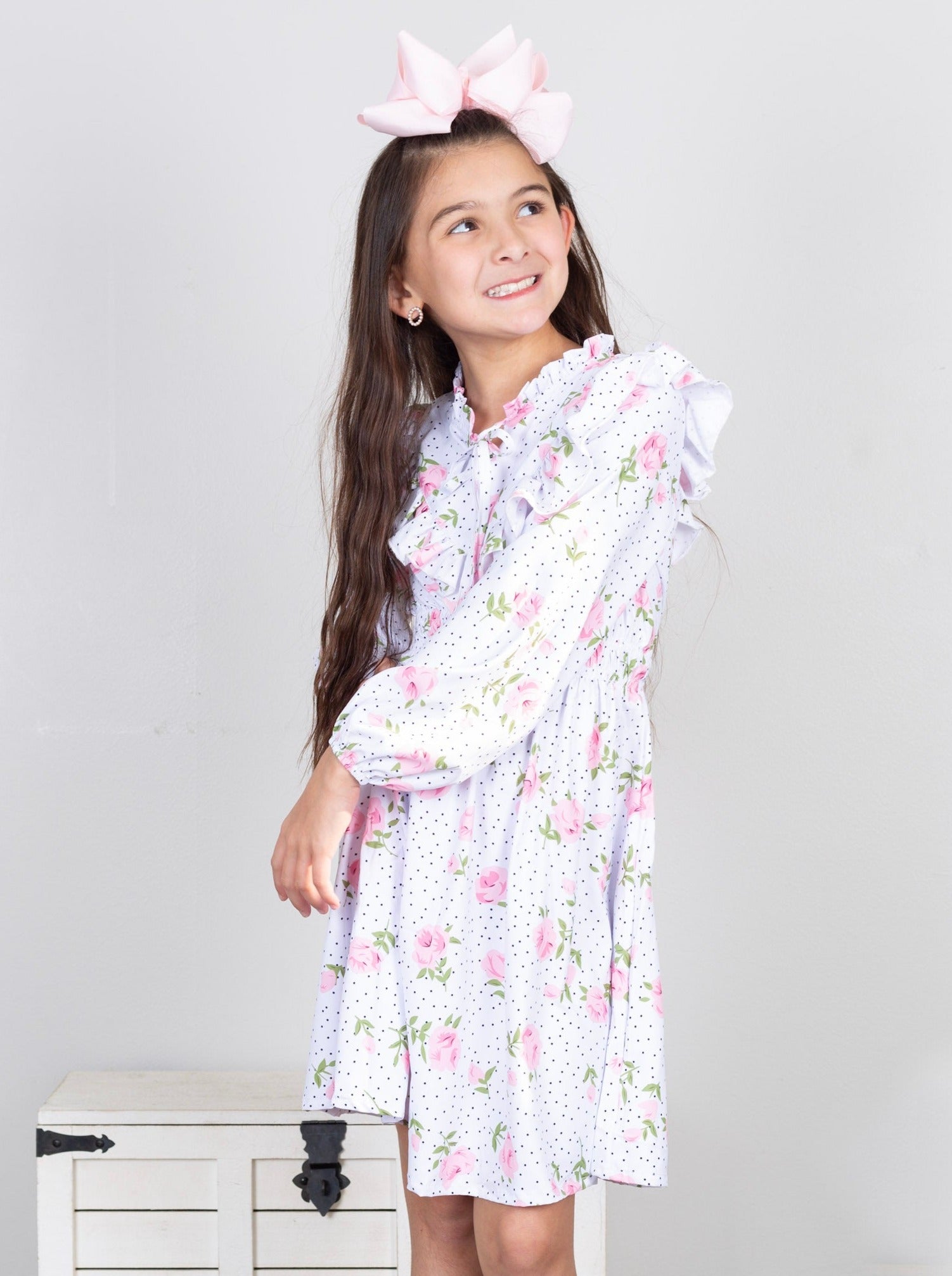 Pink Floral Mock Neck Ruffle Dress - Marie Nicole Clothing