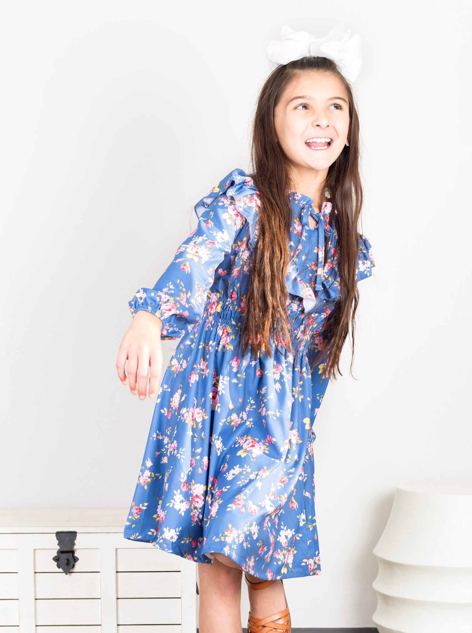 Blue Floral Mock Neck Ruffle Dress - Marie Nicole Clothing