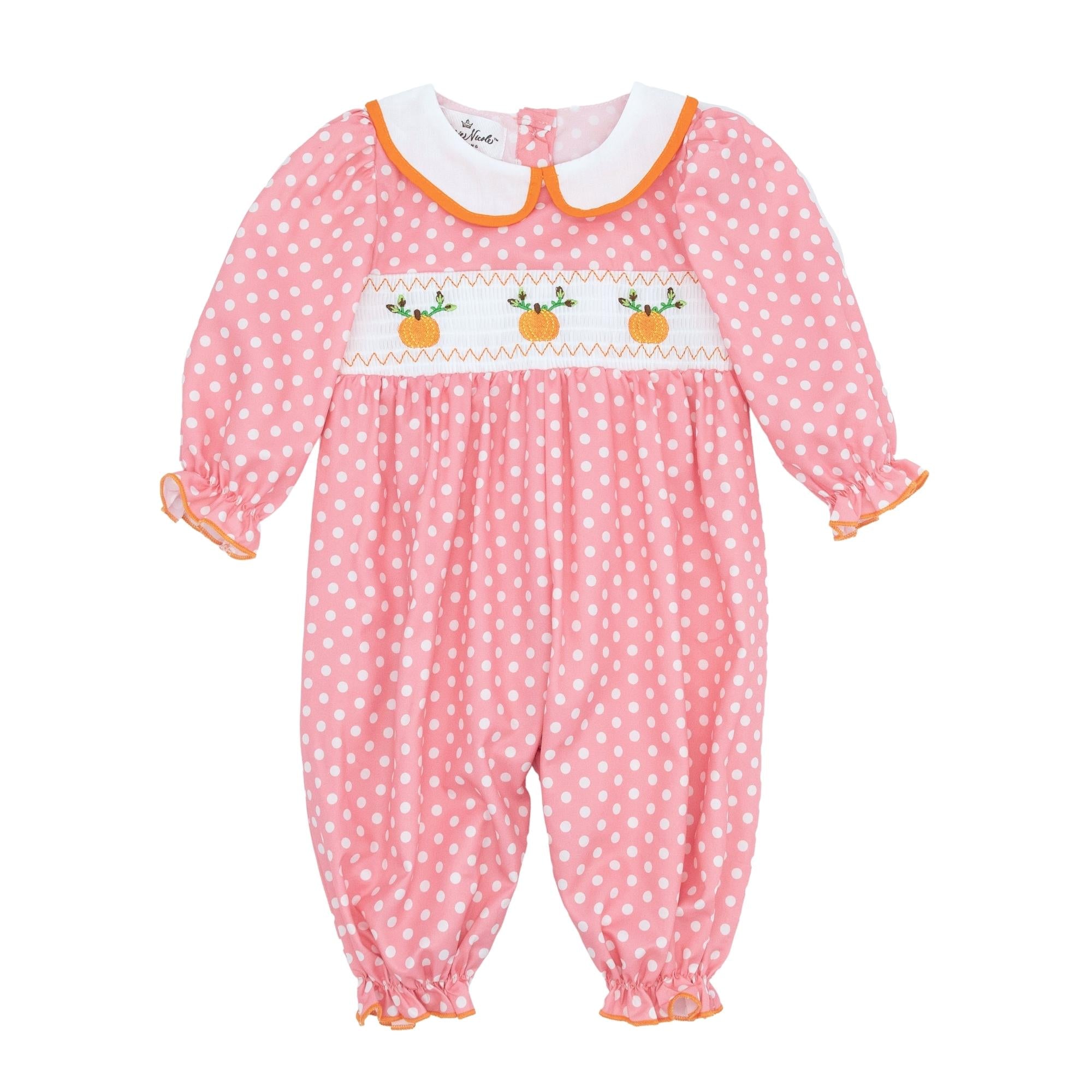 Pink Polka Dotted Smocked Pumpkin Romper - Marie Nicole Clothing