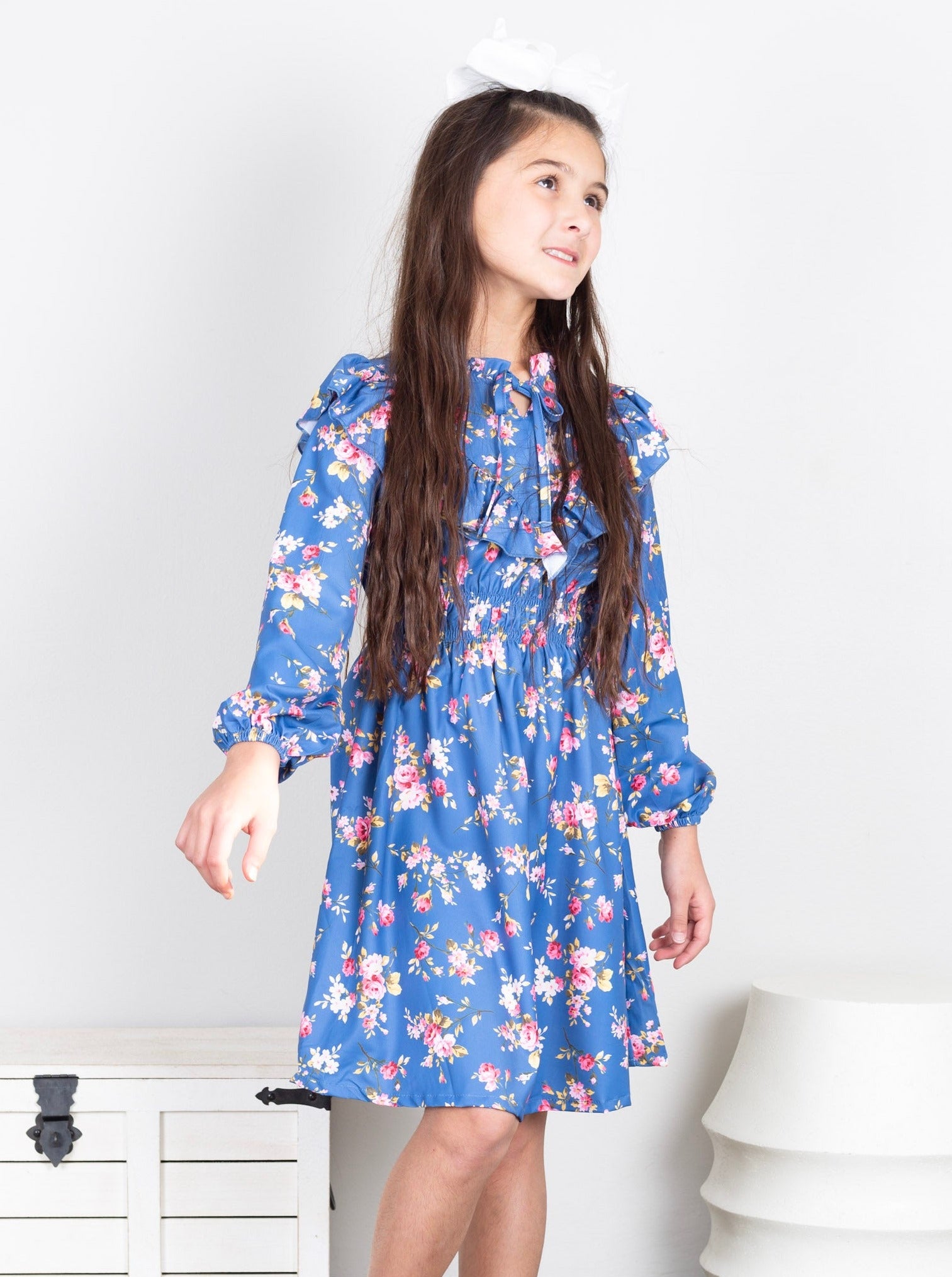 Blue Floral Mock Neck Ruffle Dress - Marie Nicole Clothing