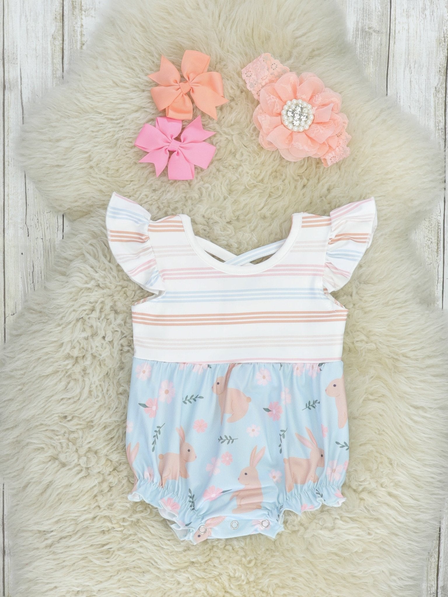 Soft Stripes & Bunnies Bubble Romper - Marie Nicole Clothing