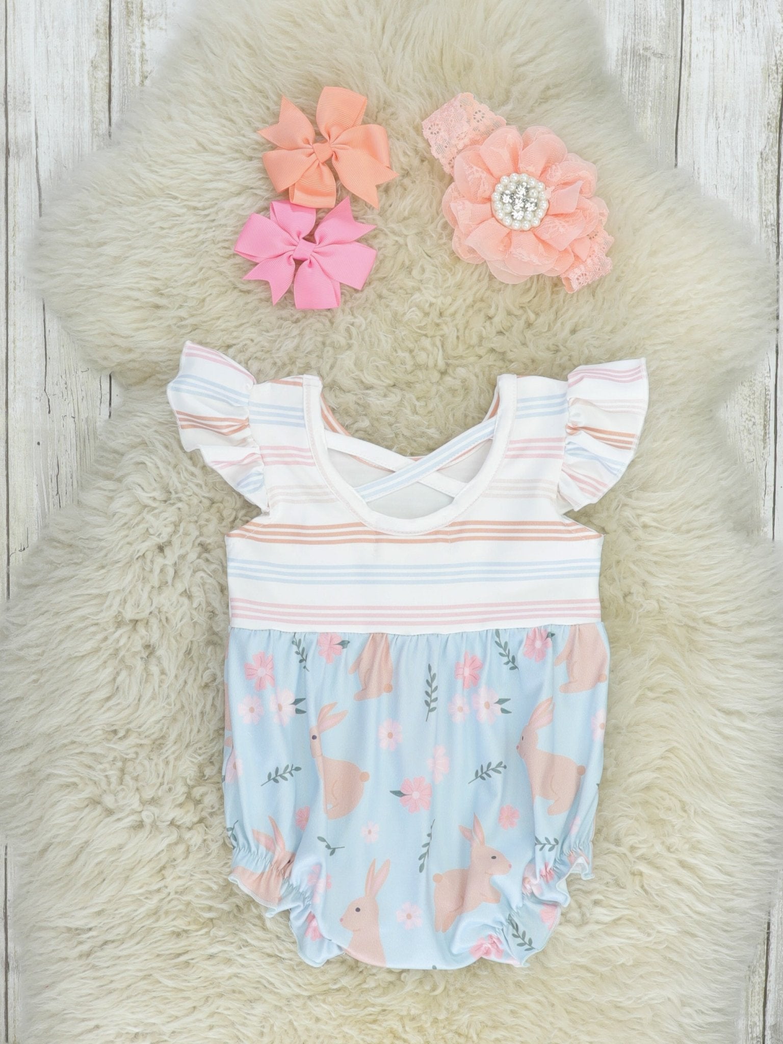 Soft Stripes & Bunnies Bubble Romper - Marie Nicole Clothing
