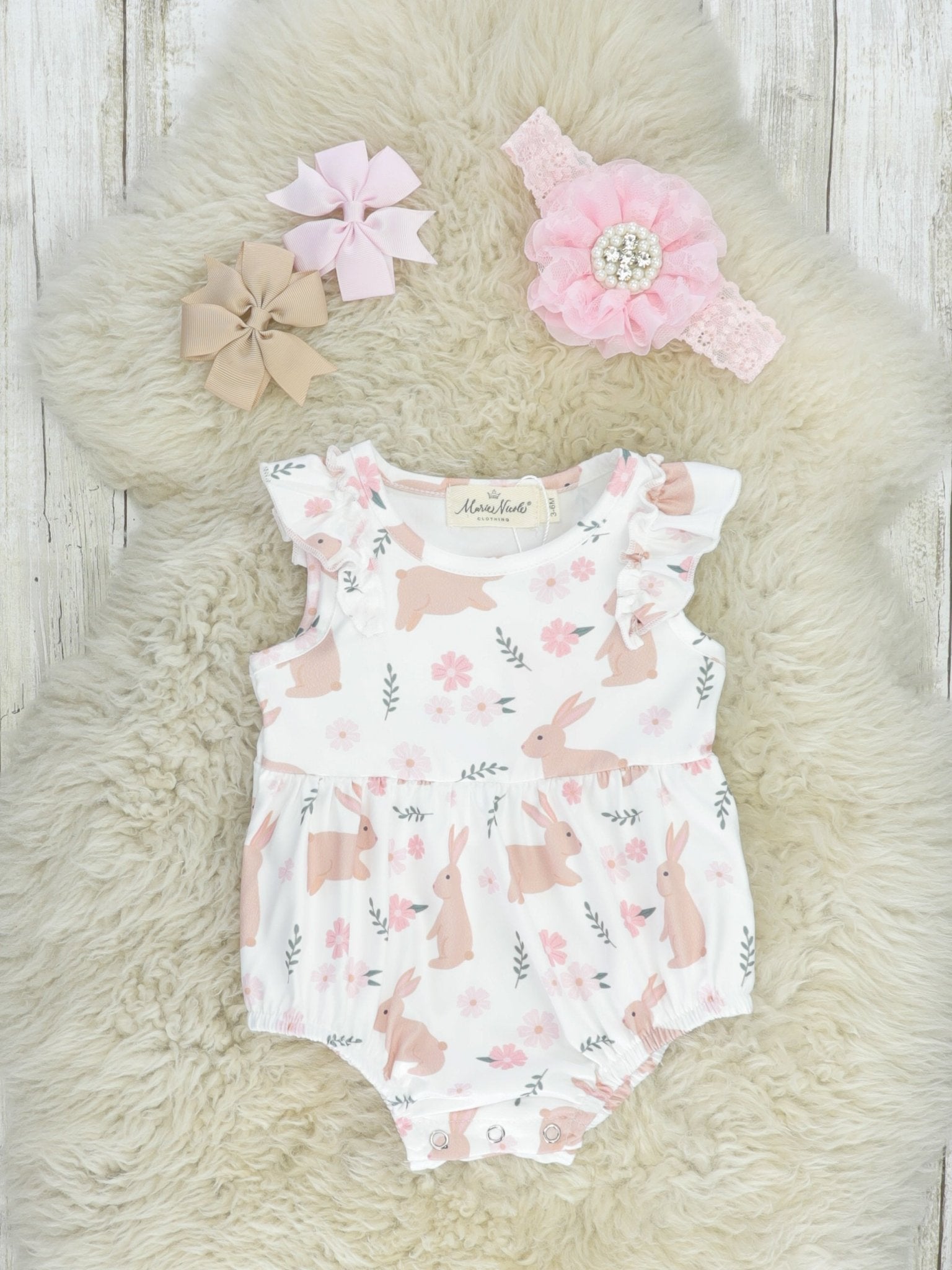 Pink Floral Bunny Ruffle Bubble Romper - Marie Nicole Clothing