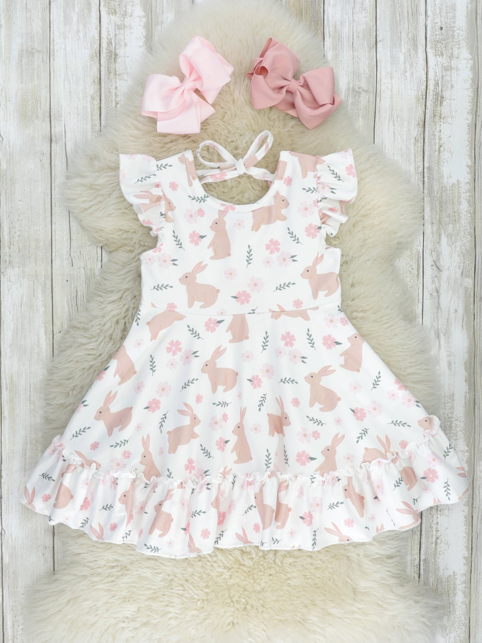 Pink Floral Bunny Ruffle Tie Dress - Marie Nicole Clothing