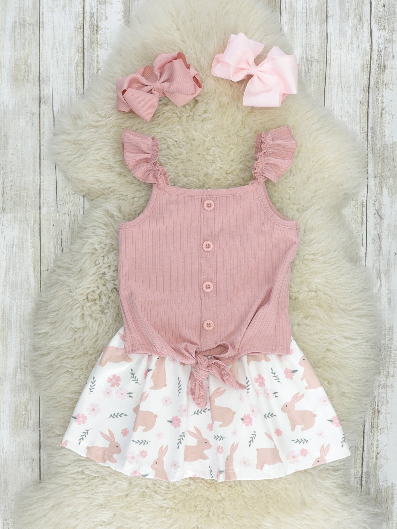Pink Floral Bunny Ruffle Tie Outfit - Marie Nicole Clothing
