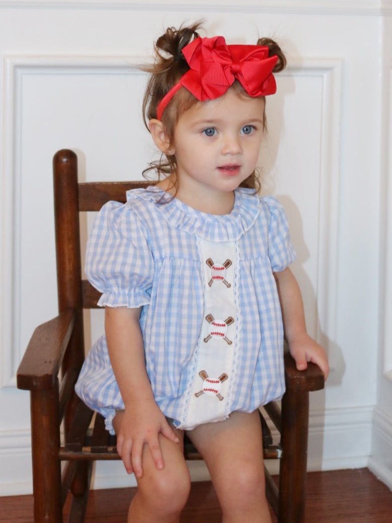 Blue Gingham Baseball Ruffle Bubble Romper - Marie Nicole Clothing