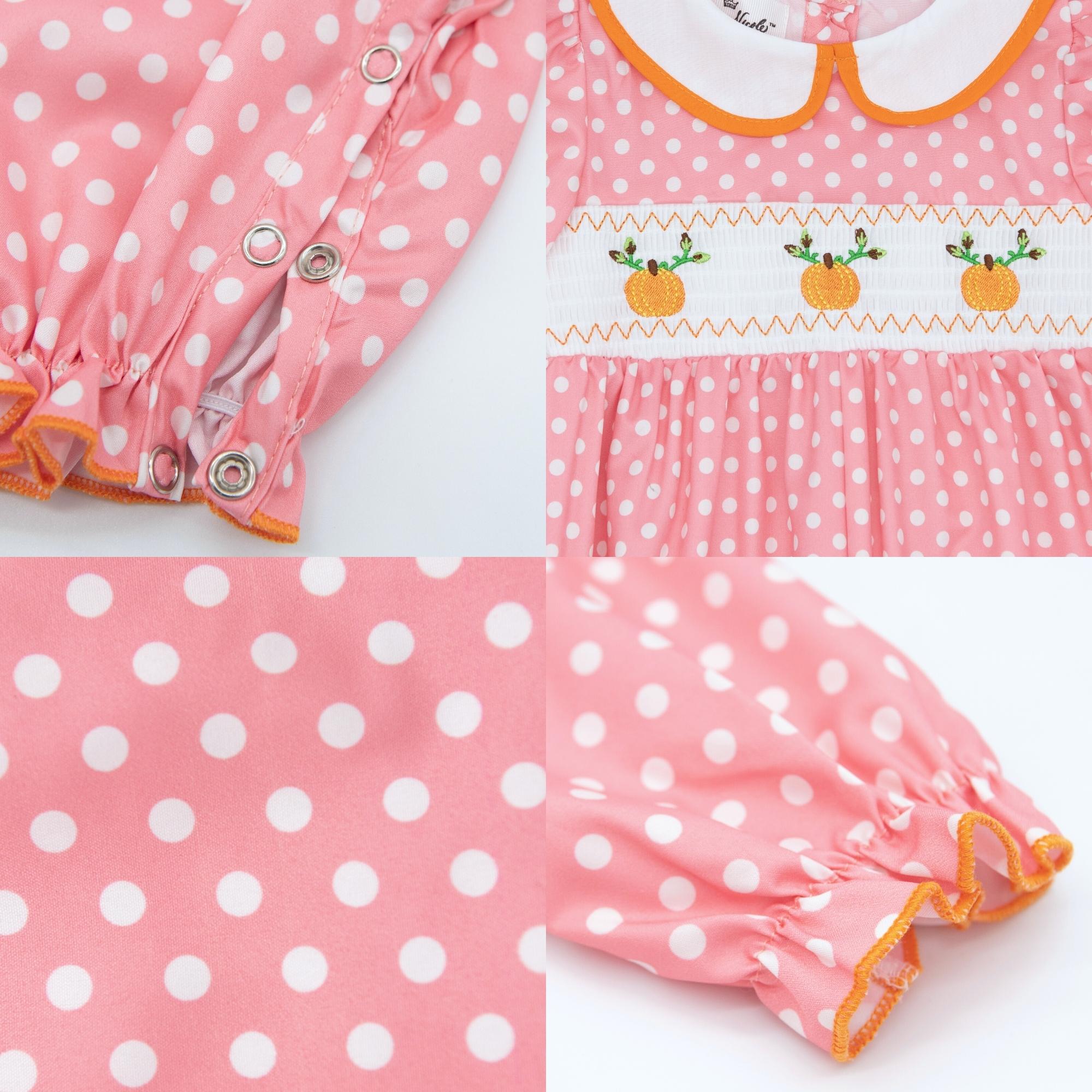 Pink Polka Dotted Smocked Pumpkin Romper - Marie Nicole Clothing