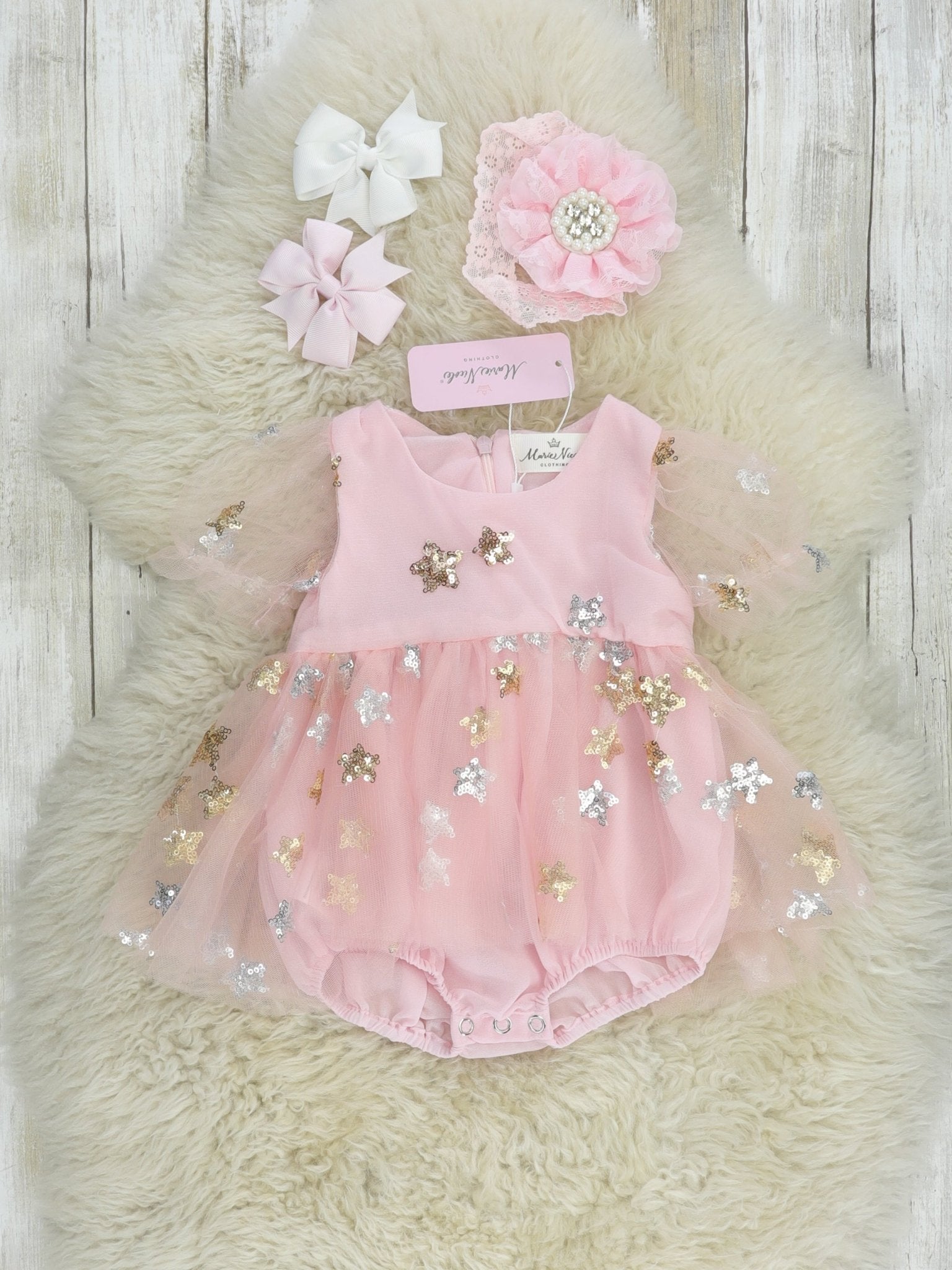Pink Sequin Star Tulle Bubble Romper - Marie Nicole Clothing