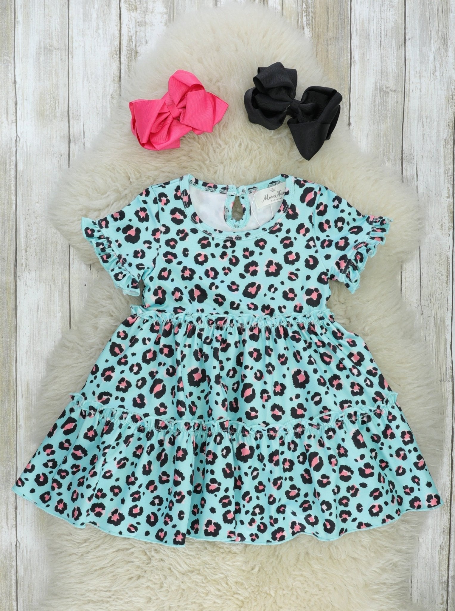 Turquoise Leopard Tiered Ruffle Dress - Marie Nicole Clothing