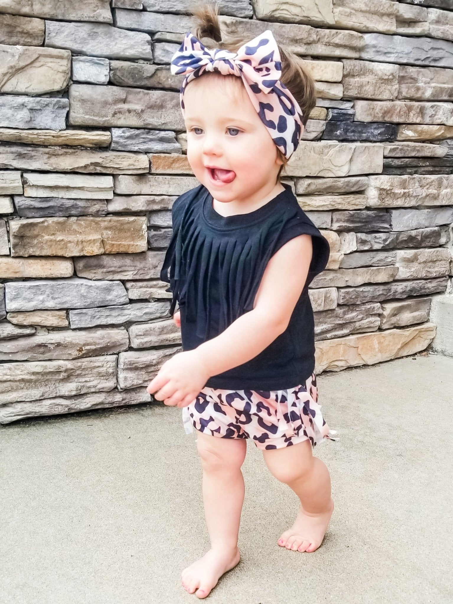 Black Top, Pink Leopard Bloomers, & Matching Headband Set - Marie Nicole Clothing