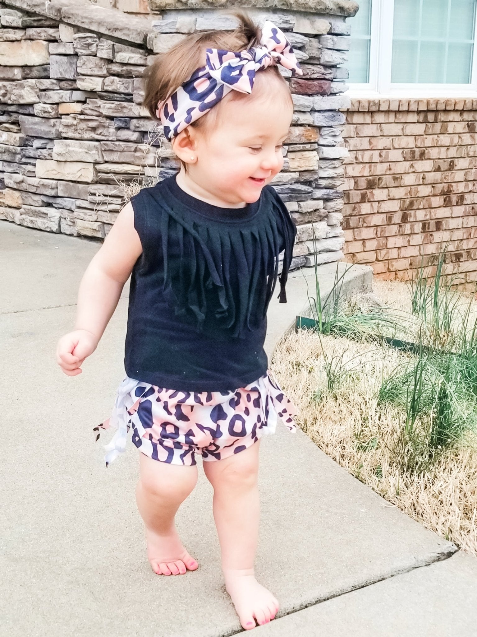 Black Top, Pink Leopard Bloomers, & Matching Headband Set - Marie Nicole Clothing