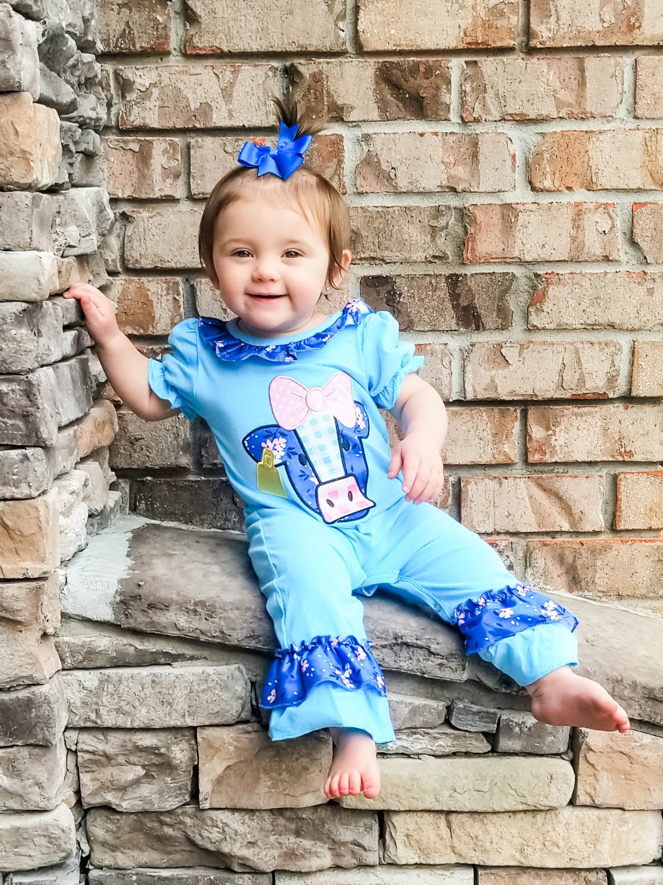 Blue Cow Ruffle Romper - Marie Nicole Clothing