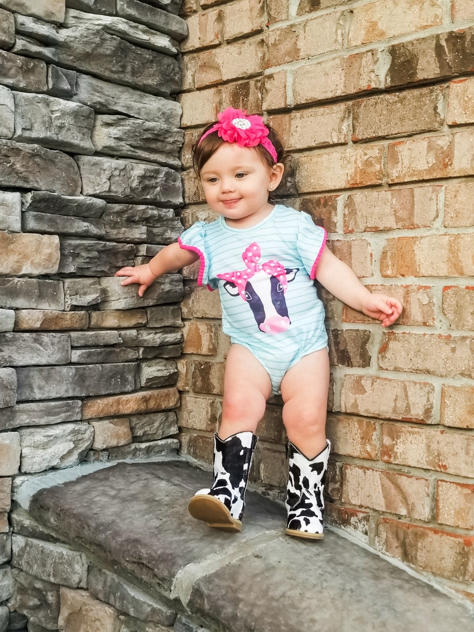 Blue Striped Cow Ruffle Bubble Romper - Marie Nicole Clothing
