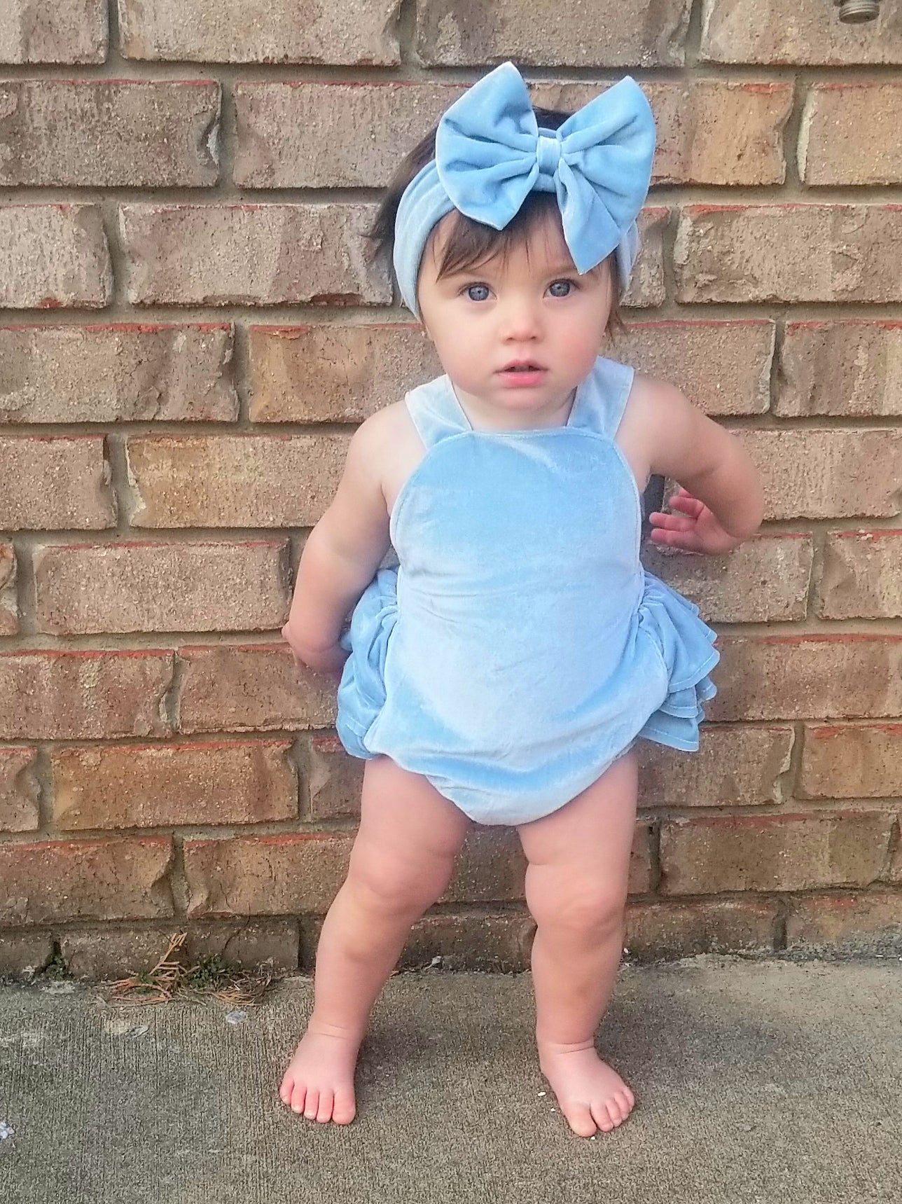 Blue Velvet Ruffle Bubble With Headband - Marie Nicole Clothing