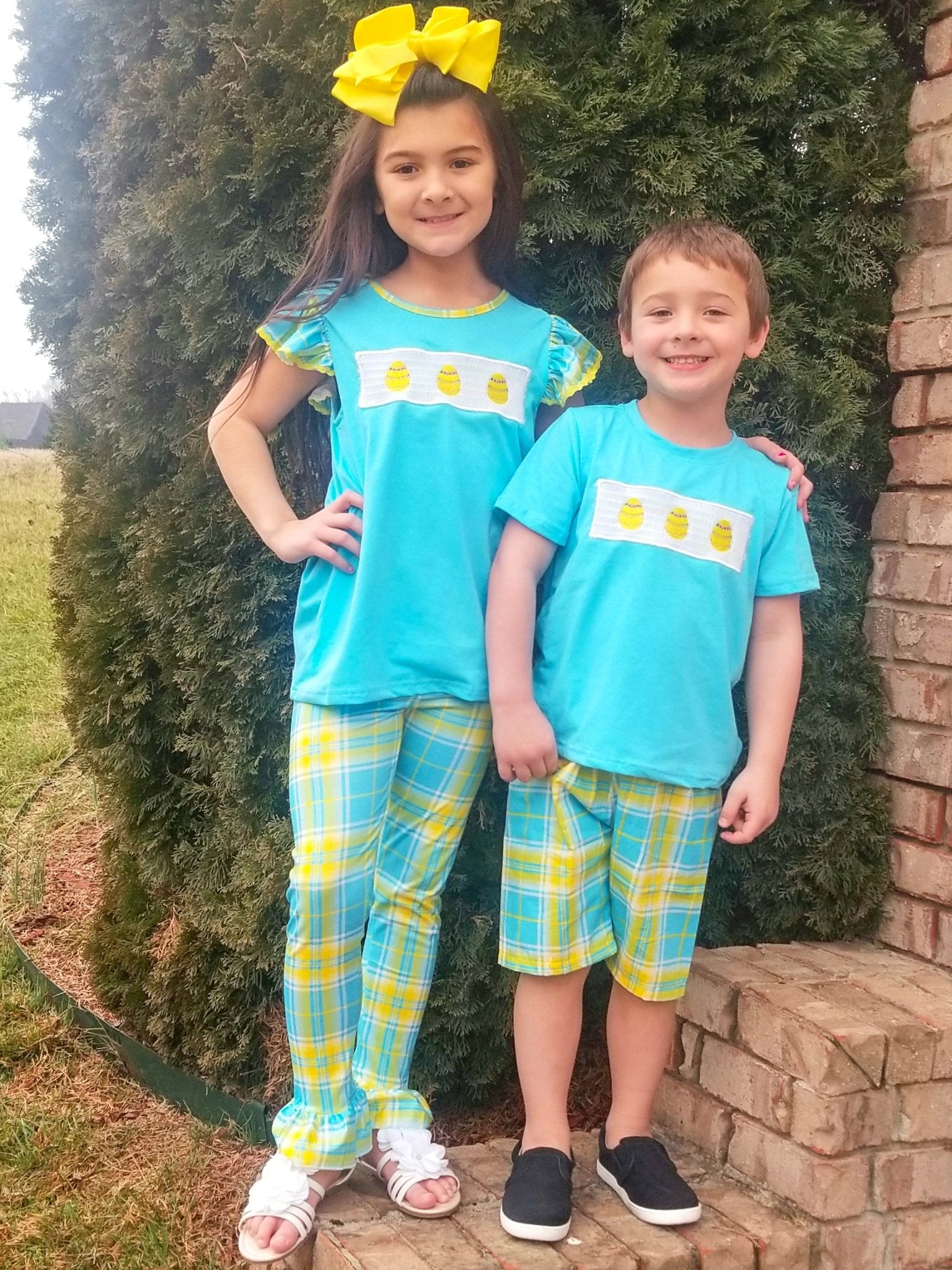 Blue, Green, & Yellow Plaid Easter Egg Smocked Ruffle Outfit - Marie Nicole Clothing