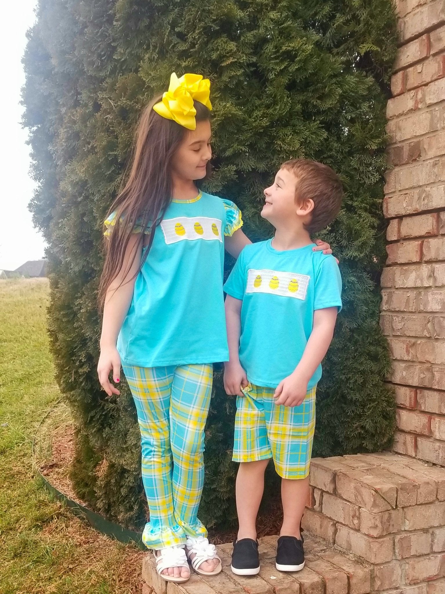 Blue, Green, & Yellow Plaid Easter Egg Smocked Ruffle Outfit - Marie Nicole Clothing