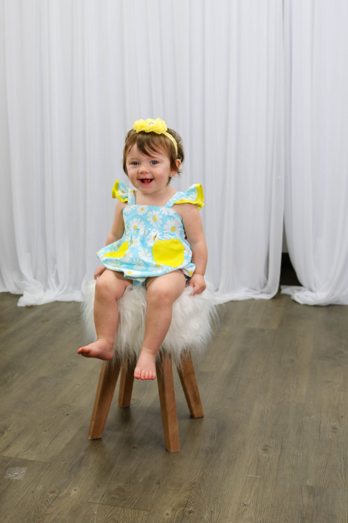 Blue & Yellow Daisy Pocket Bubble Romper - Marie Nicole Clothing