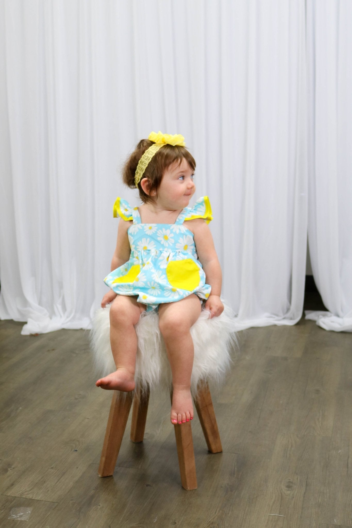 Blue & Yellow Daisy Pocket Bubble Romper - Marie Nicole Clothing