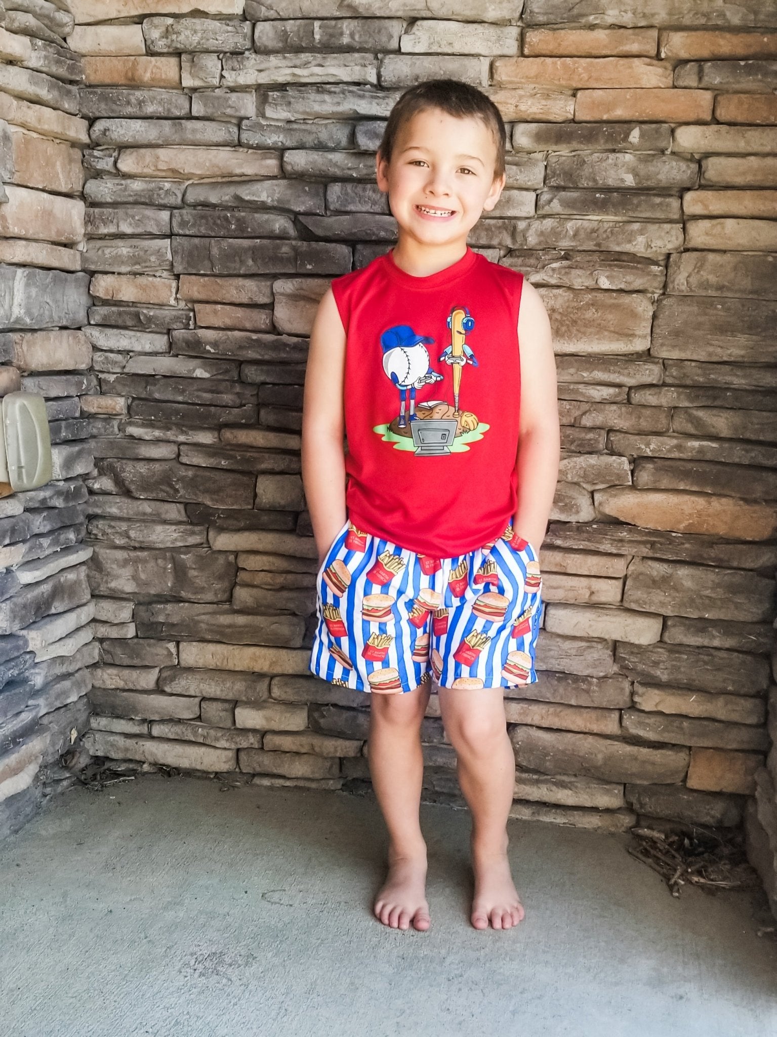 Burgers & Fries Pinstriped Swim Trunks - Marie Nicole Clothing