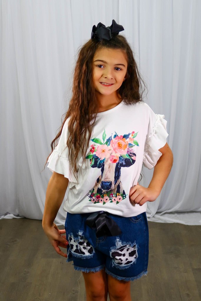 Cow Ruffle Top & Distressed Denim Outfit - Marie Nicole Clothing