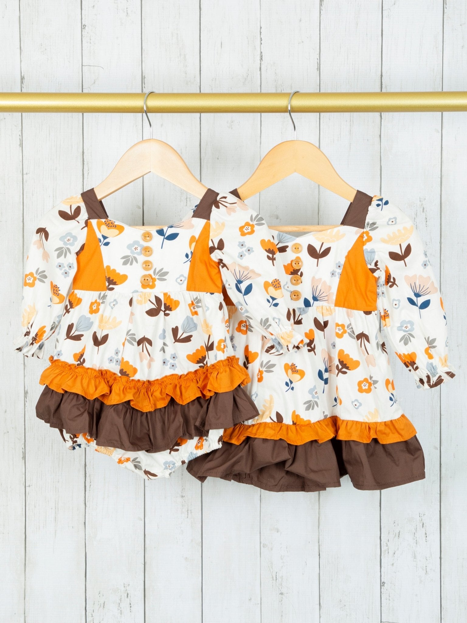 Orange & Brown Fall Floral Tiered Ruffle Dress - Marie Nicole Clothing