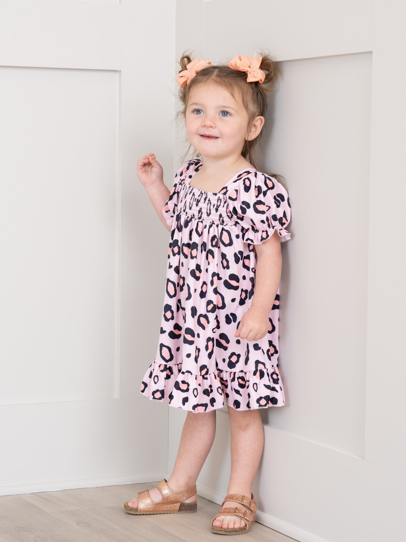 Pink Leopard Puff Sleeve Dress - Marie Nicole Clothing