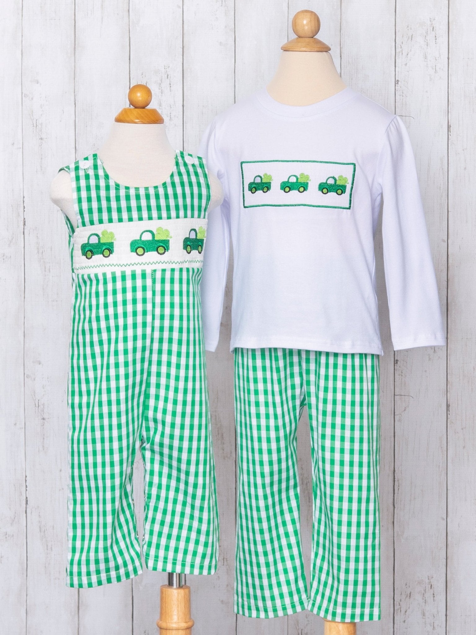 Green Gingham Smocked Clover Truck Outfit - Marie Nicole Clothing