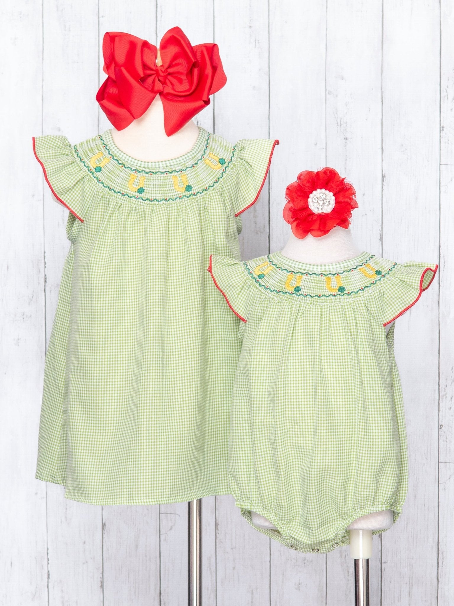 Green Smocked Horse Shoe Ruffle Dress - Marie Nicole Clothing
