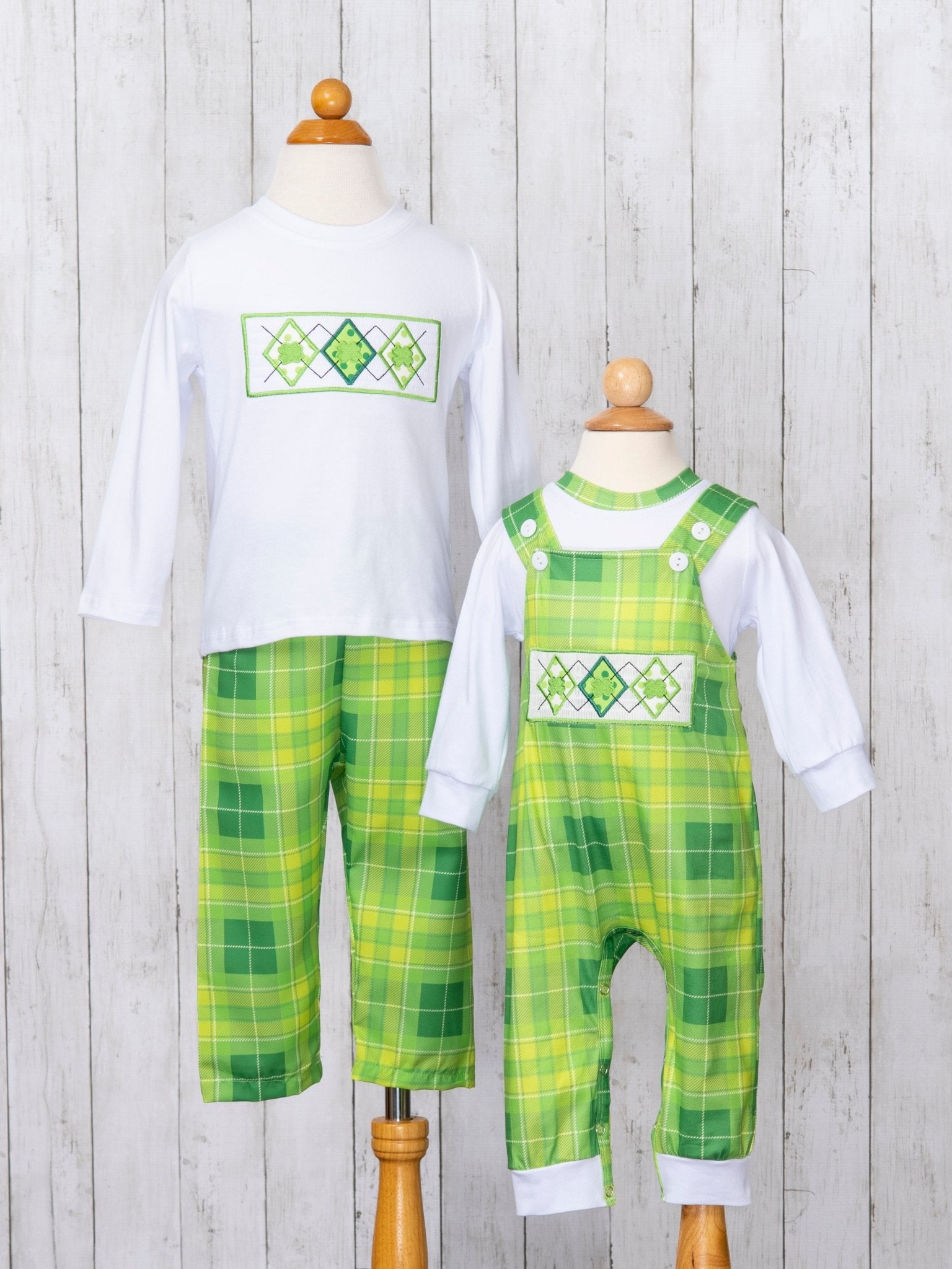 Green Plaid Smocked Clover Outfit - Marie Nicole Clothing