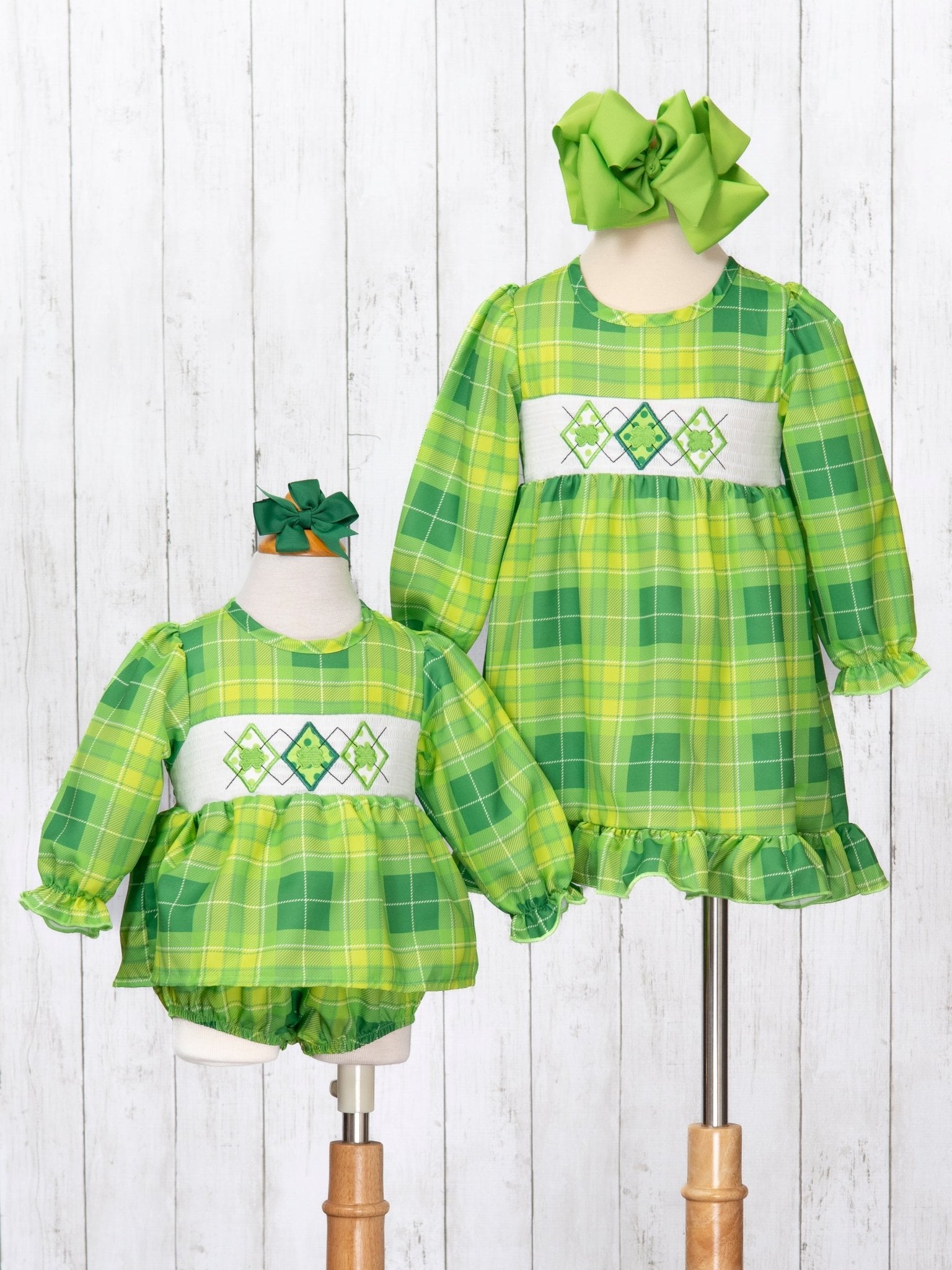 Green Plaid Smocked Clover Ruffle Dress - Marie Nicole Clothing