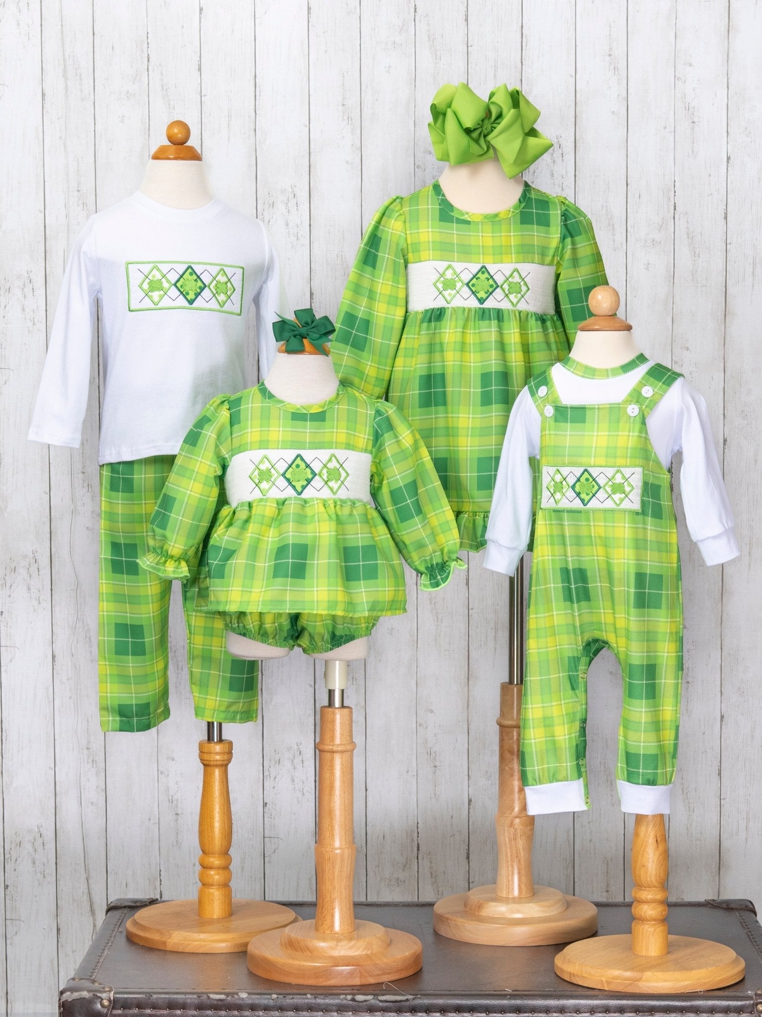 Green Plaid Smocked Clover Overall Romper - Marie Nicole Clothing