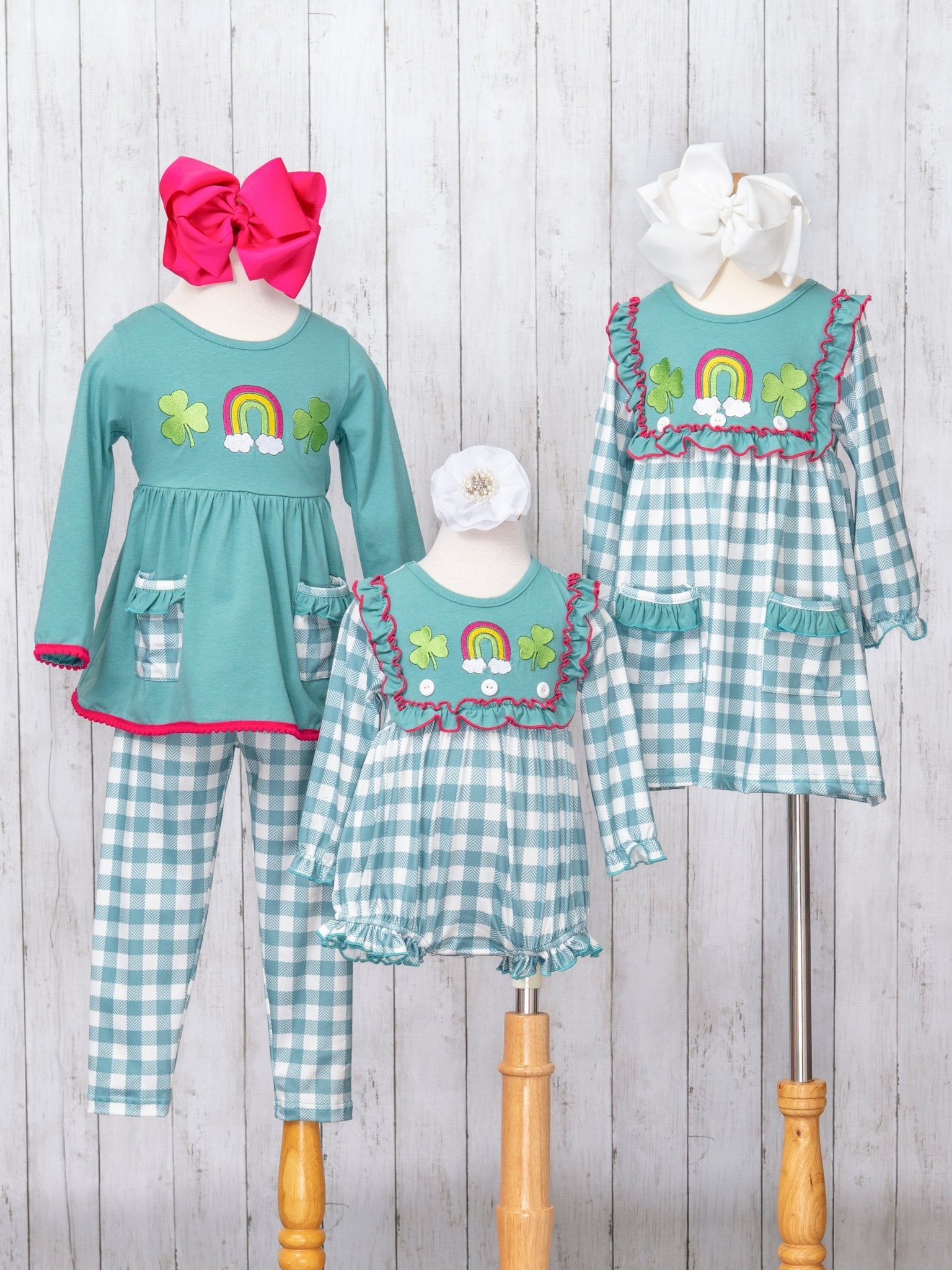 Rainbow Clover Field Gingham Bubble Romper - Marie Nicole Clothing
