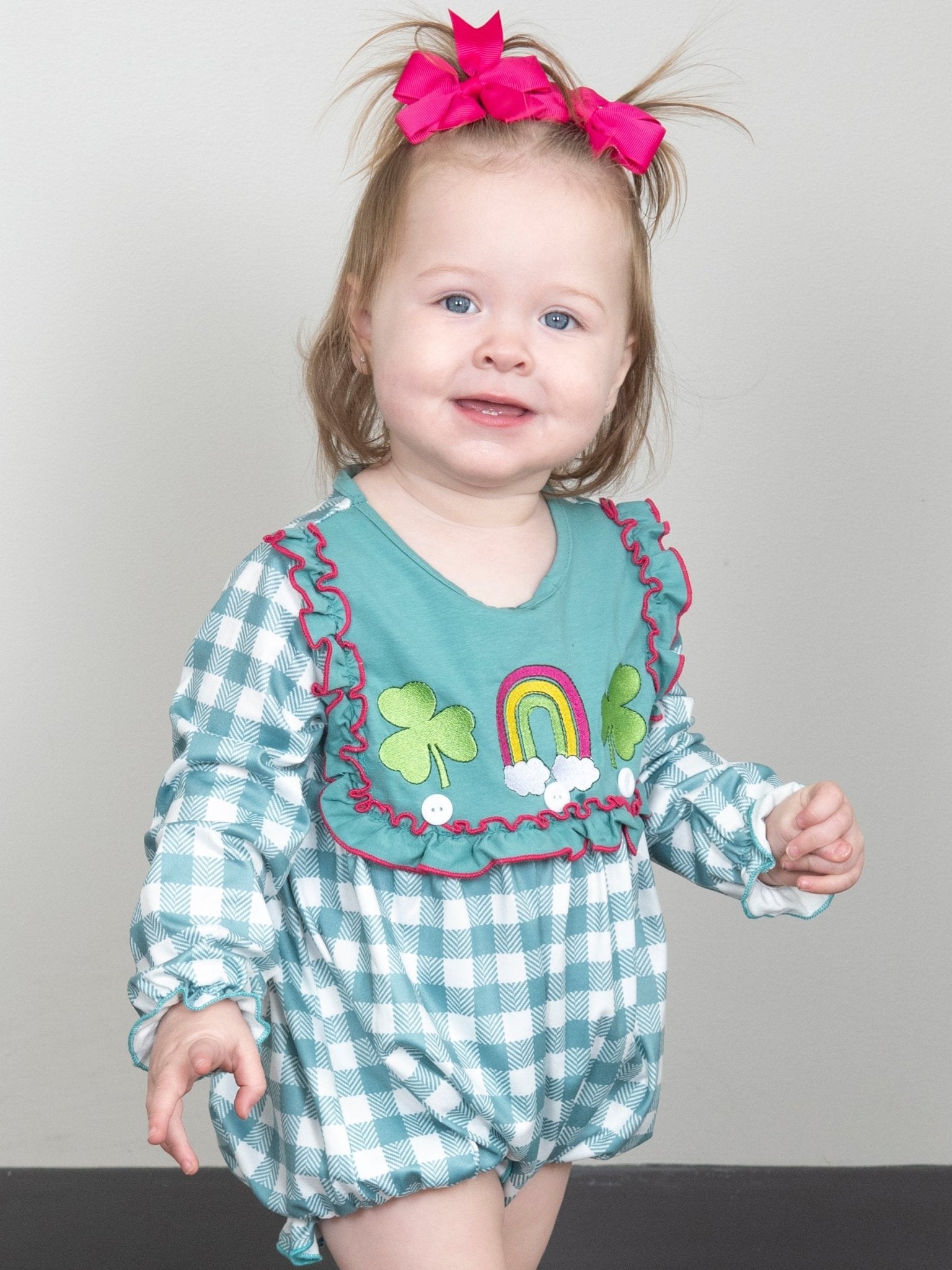 Rainbow Clover Field Gingham Bubble Romper - Marie Nicole Clothing