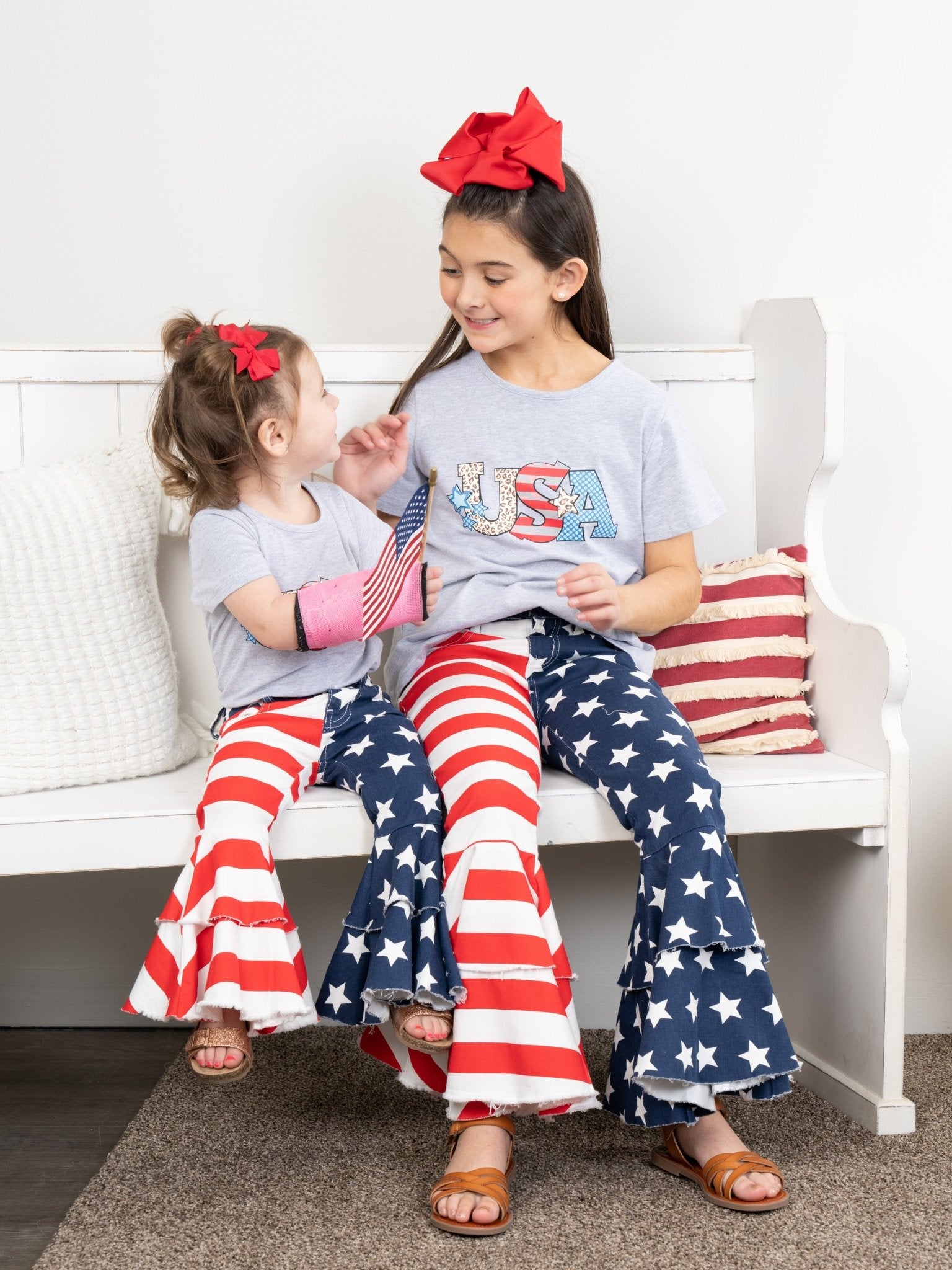 Stars & Stripes Tiered Denim Bell Bottoms - Marie Nicole Clothing