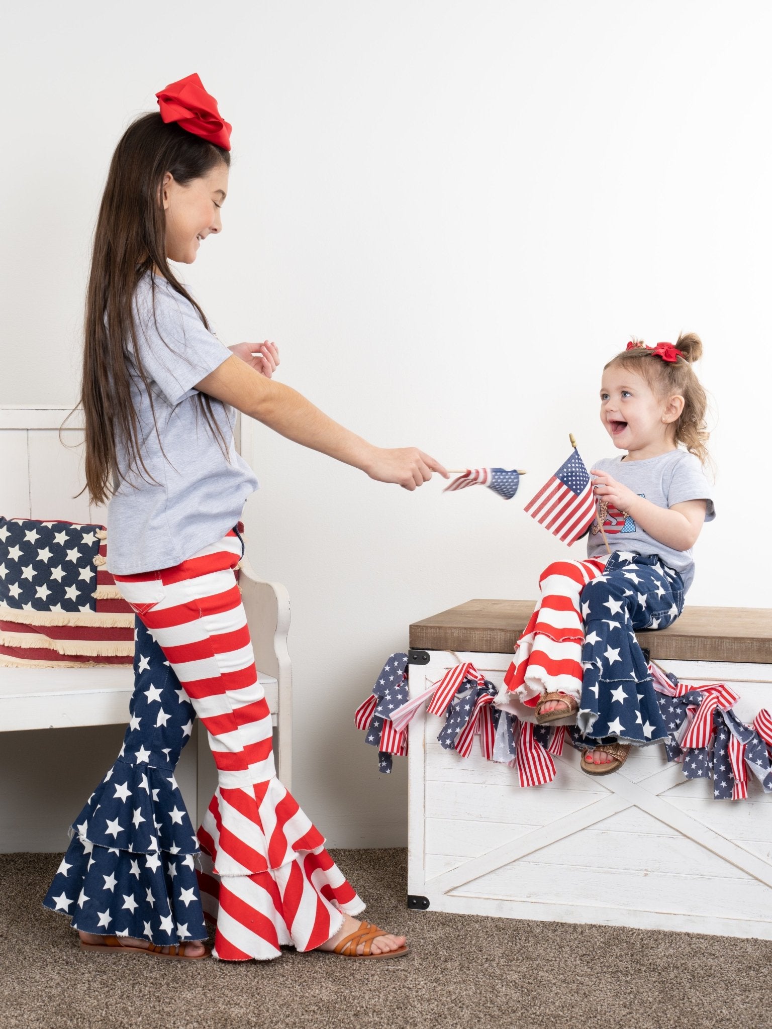 Stars & Stripes Tiered Denim Bell Bottoms - Marie Nicole Clothing