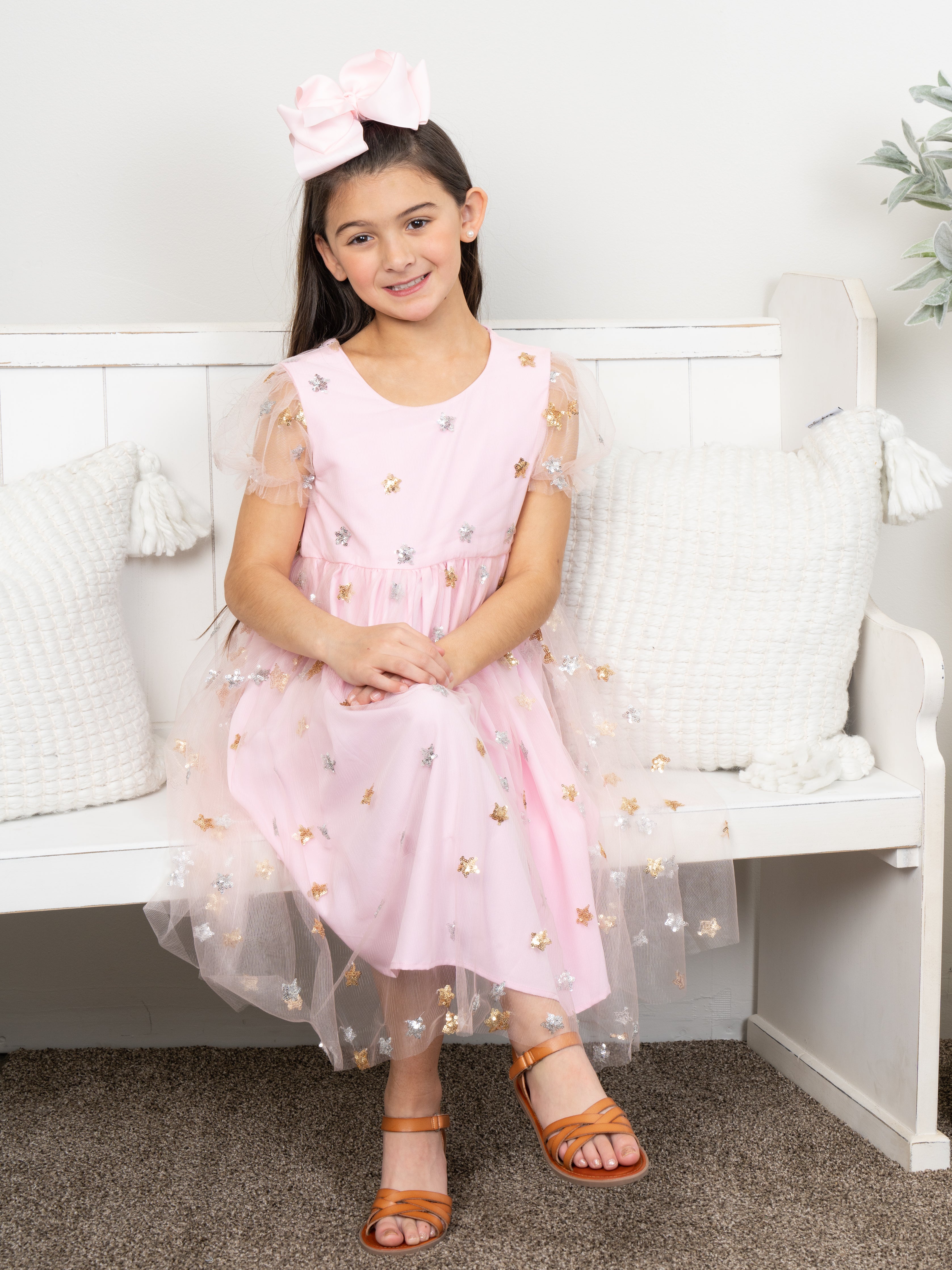 Pink Sequin Star Tulle Dress - Marie Nicole Clothing