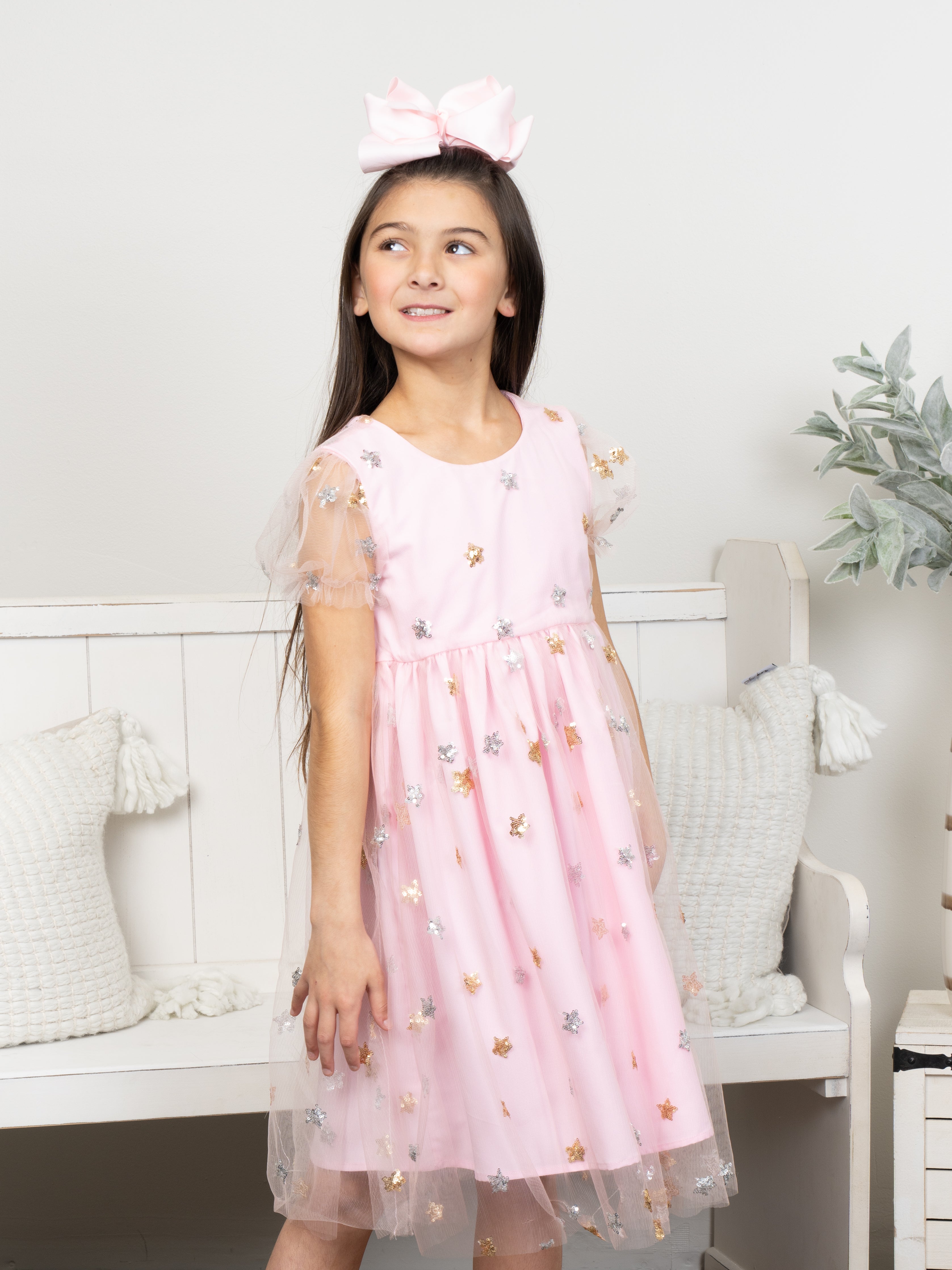 Pink Sequin Star Tulle Dress - Marie Nicole Clothing