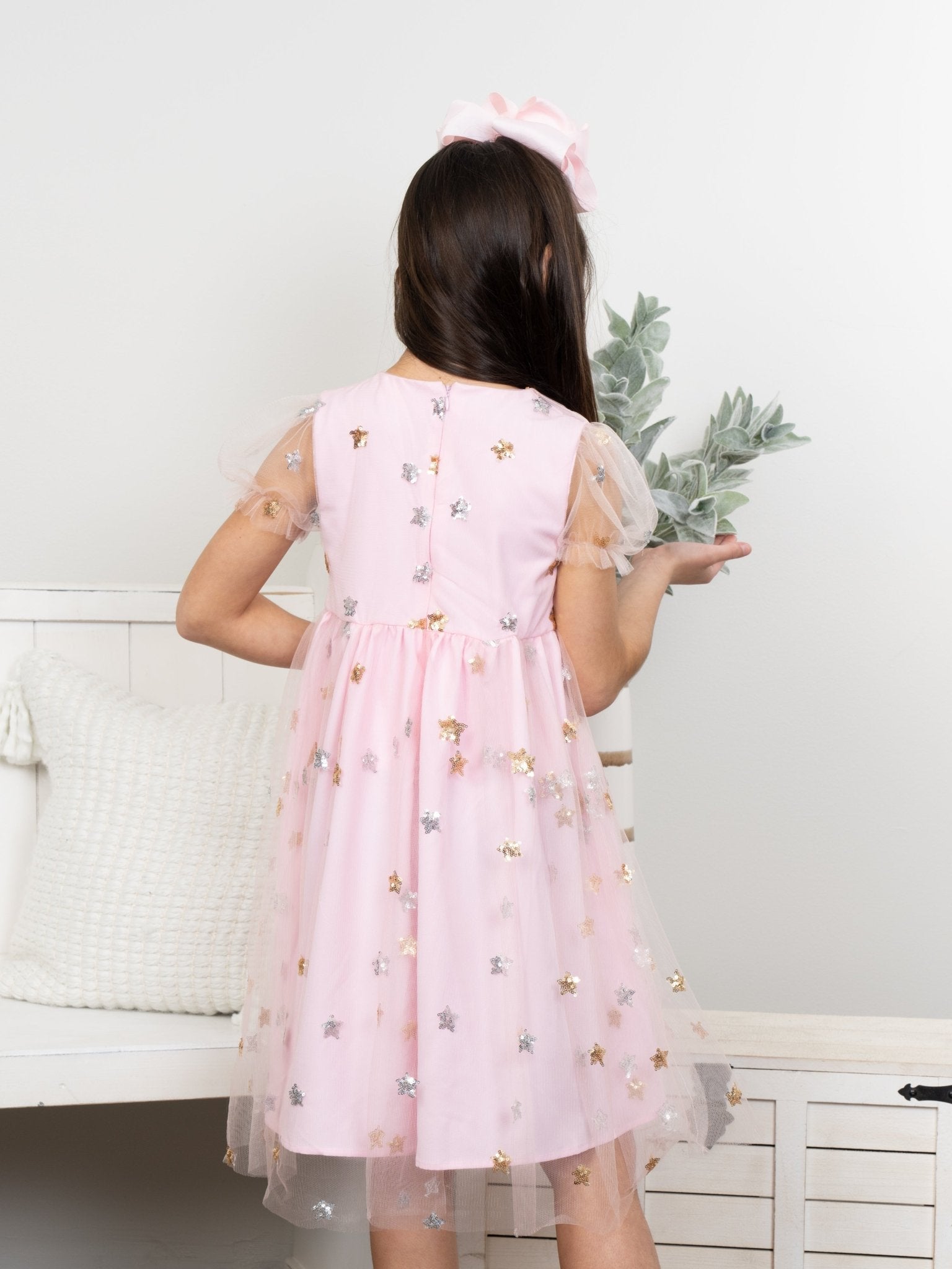 Pink Sequin Star Tulle Dress - Marie Nicole Clothing